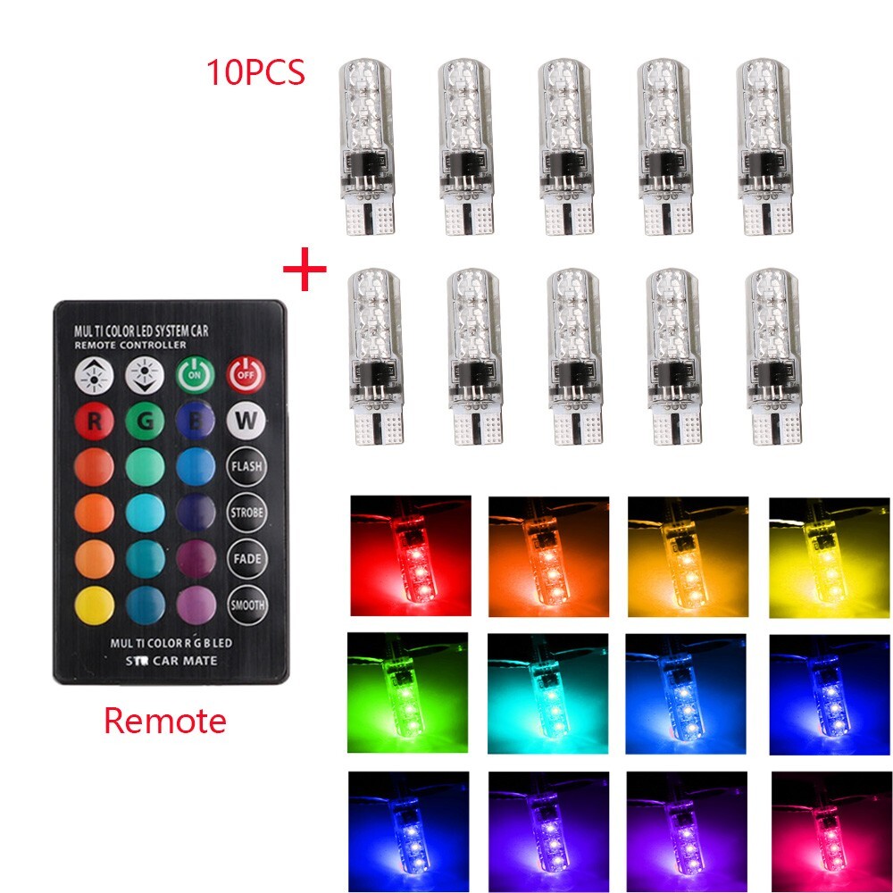 Multi-Color 194 168 T10 RGB LED Bulbs W/RF Remote Control For Car Parking Light