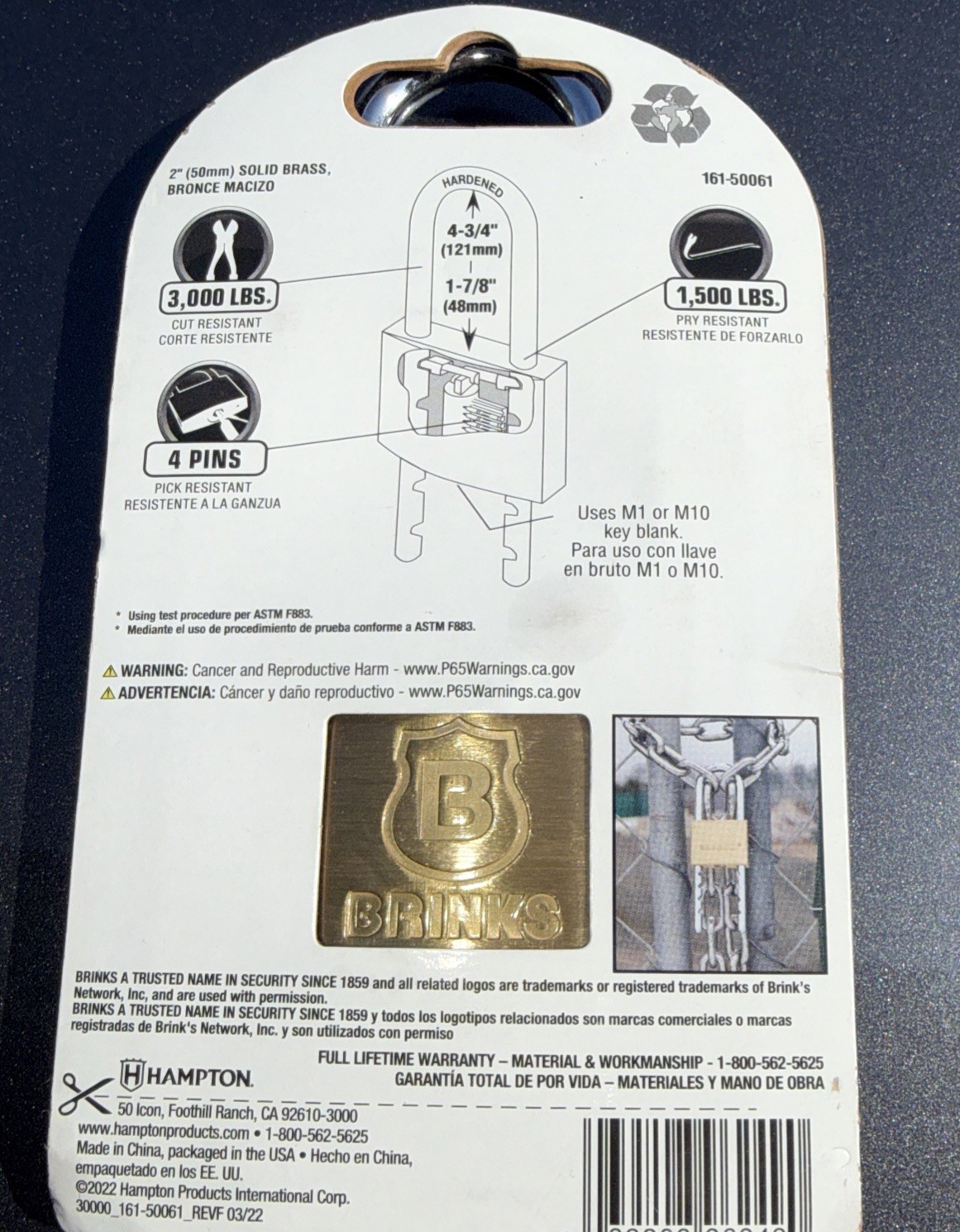 Brinks, Solid Brass 50mm Keyed Padlock with Adjustable Shackle