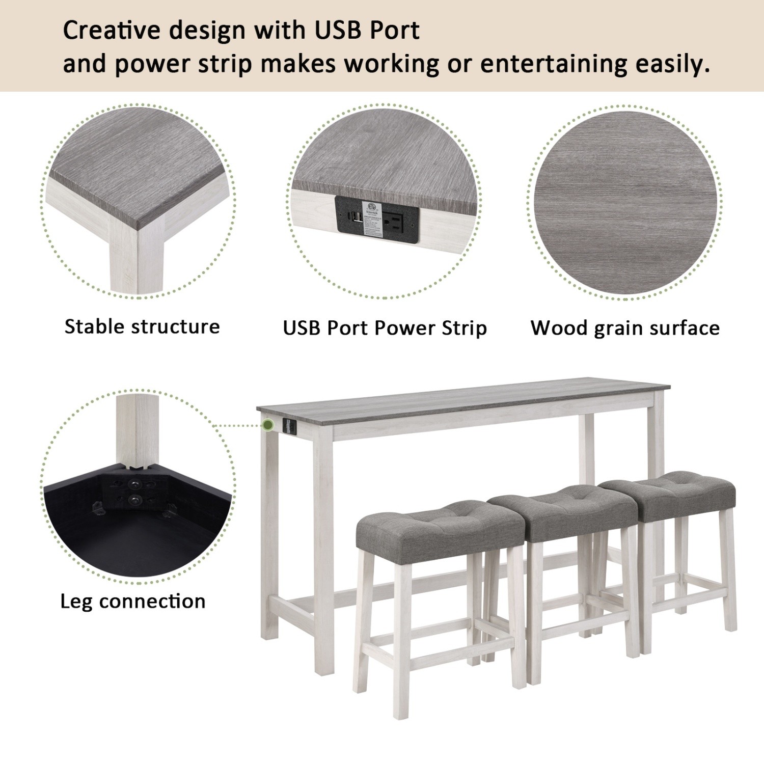 Counter Height Bar Table Set with USB Port Modern 4 Piece w/ 3 Saddle Stools
