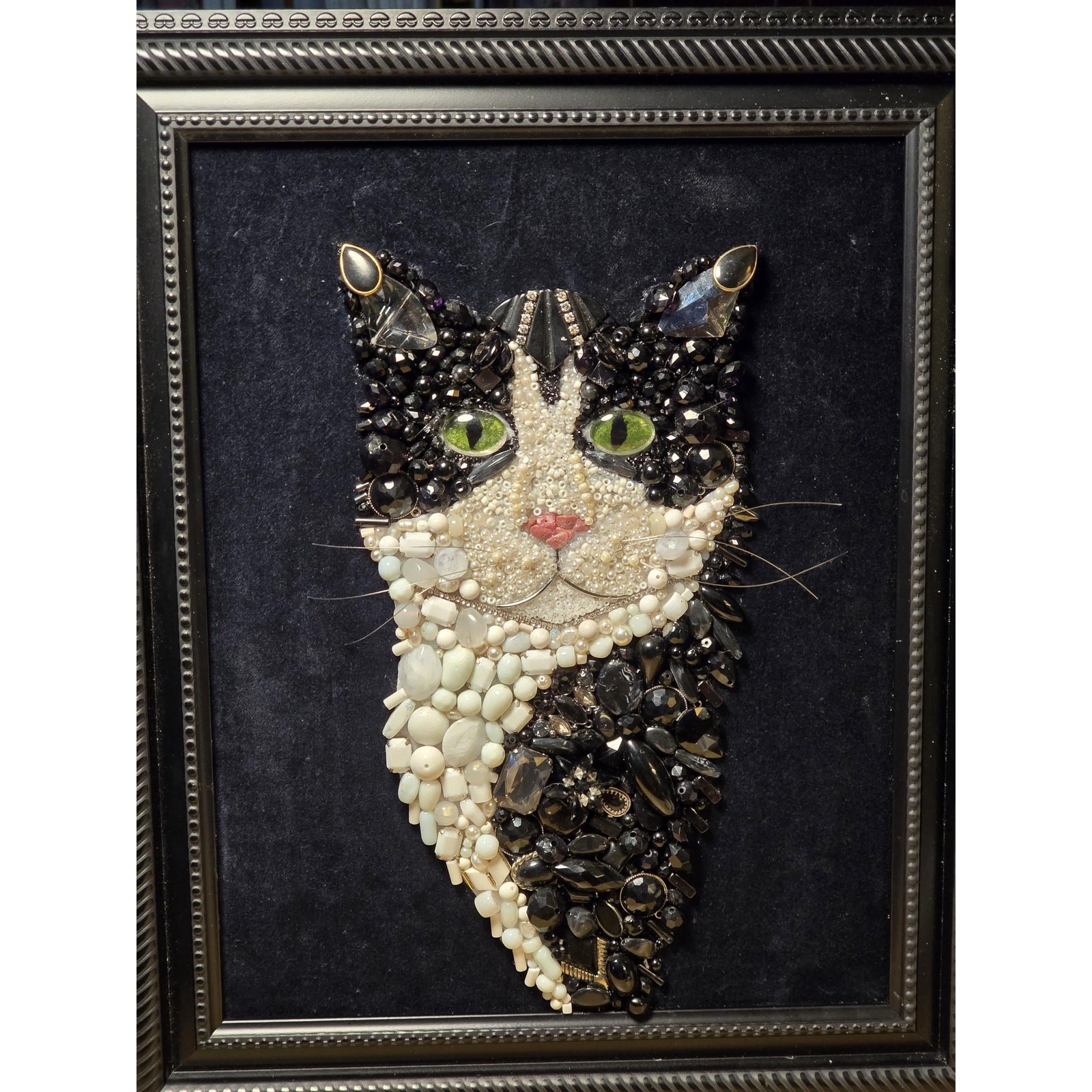 Jeweled Cat Art | Framed Assemblage, Whimsical Animal Decor