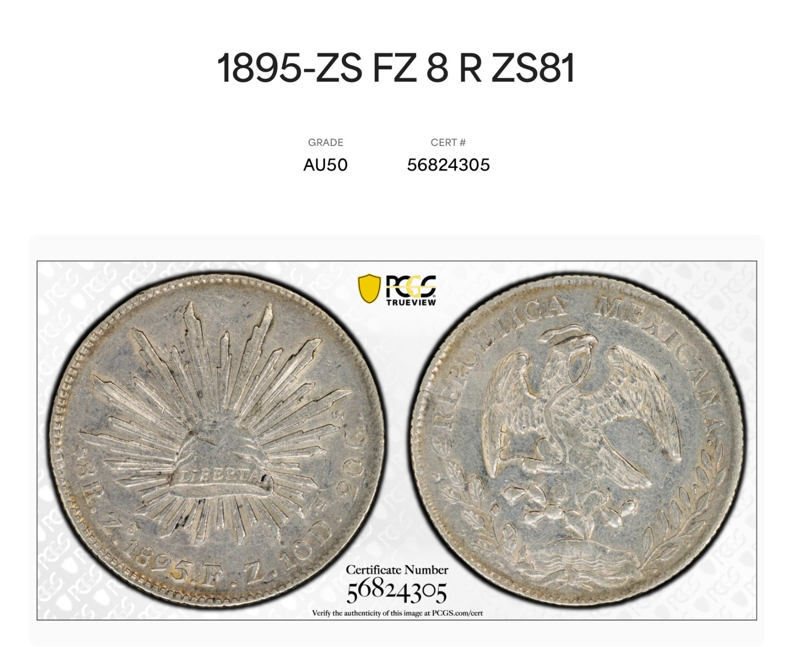 ORIGINAL MEXICO SILVER 8 REALES 1895 Zs FZ PCGS AU50 ZACATECAS DIE Zs81 KM377.15