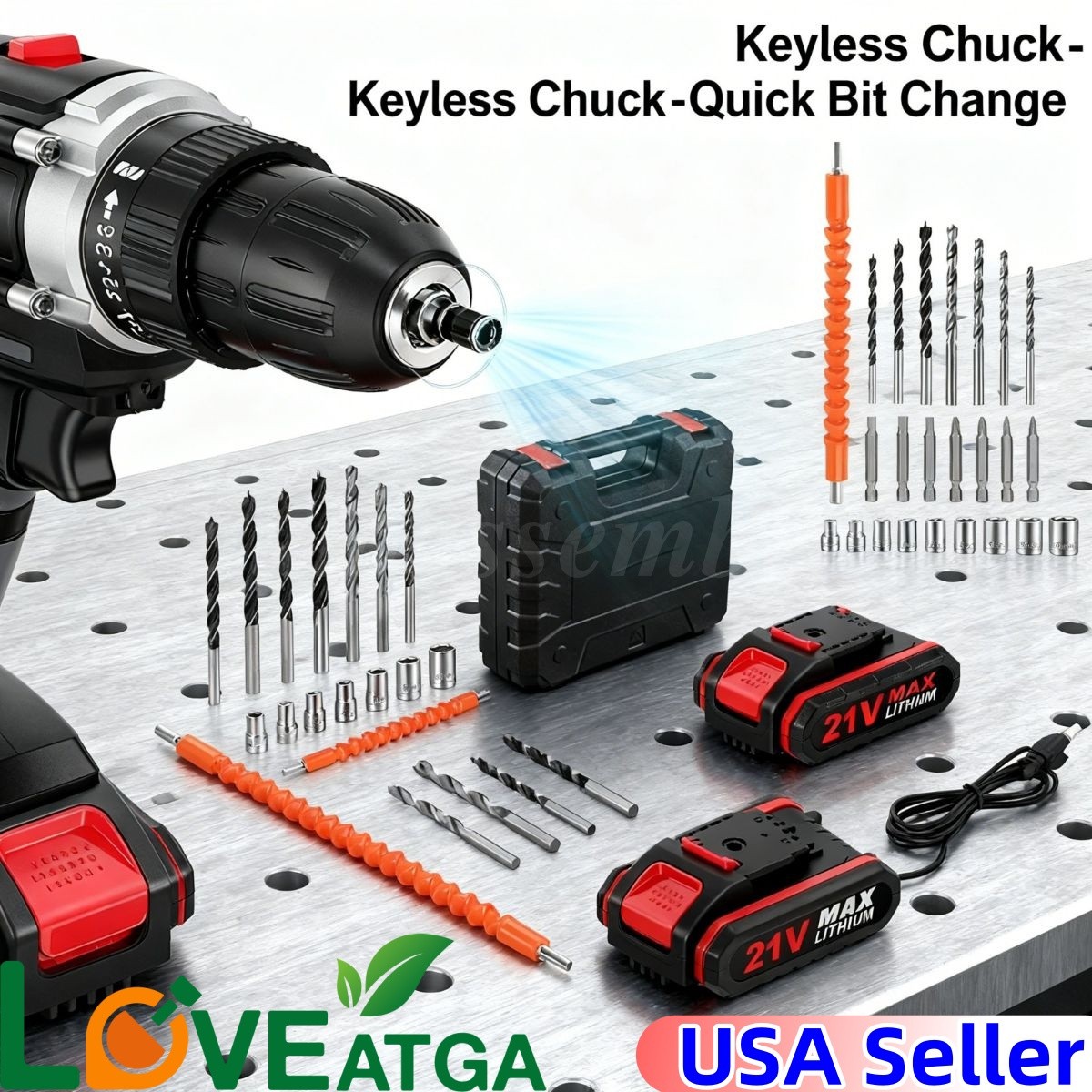 Cordless Multi-Functional Impact Drill, 21V Drill Kit w/2 Battery&Charger, Black