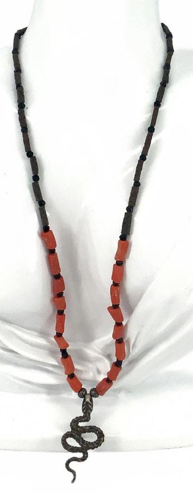 Vintage Resin Coral Glass Southwestern Snake Pendant Necklace Red Black Brown
