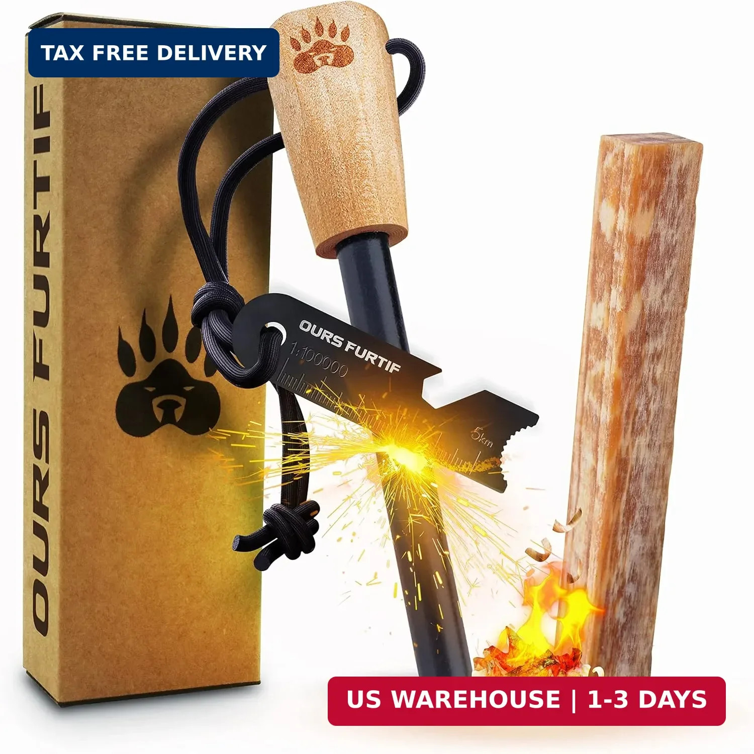 Ferro Rod Fire Starter Kit with Fatwood Tinder Stick - 3/8" Thick Ferrocerium Fl