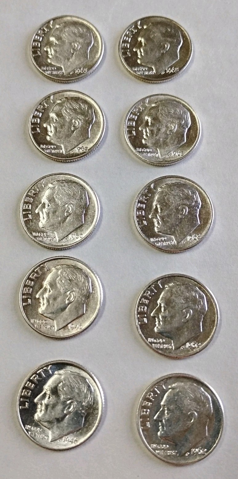 Lot of 10 90% Silver 🔥Roosevelt Dimes🔥 1946-1963 P/D AU See Photos $1 Face #12