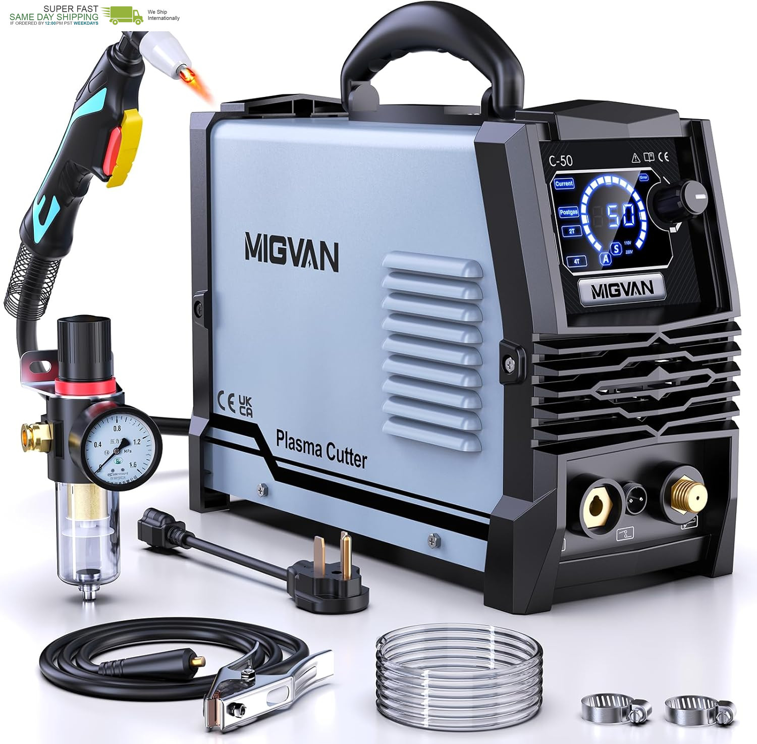 50Amps Plasma Cutter, Large LED Screen Display, MIGVAN Cutter Machine 110/220V D