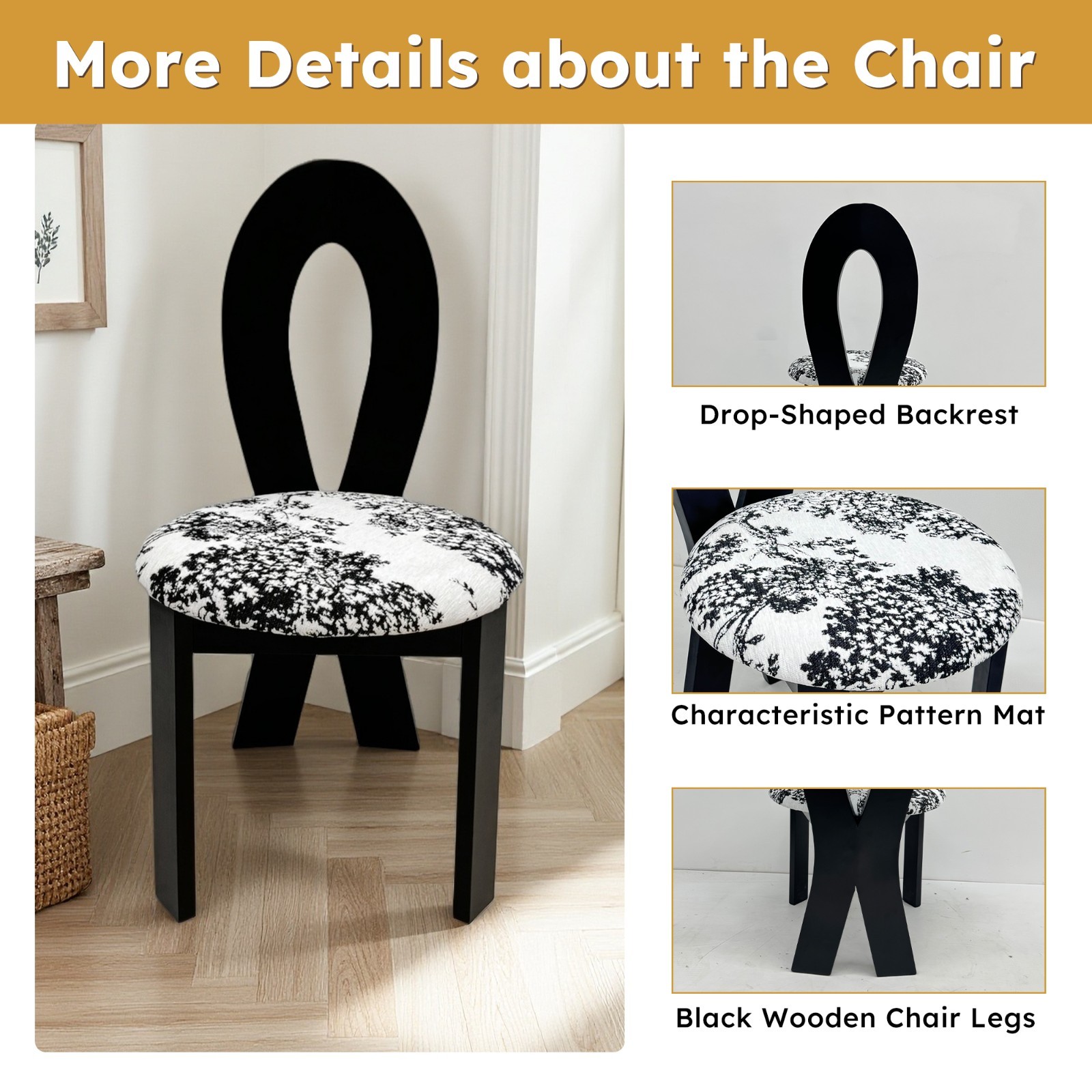 2Pcs Dining Chairs Key-Design Home Chair Linen Upholstered Dining Chairs Black