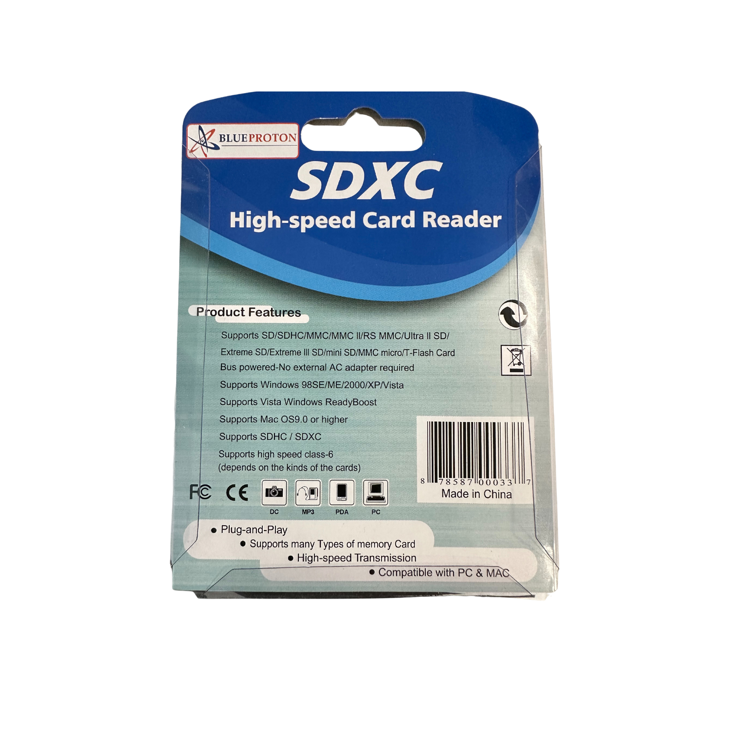 BlueProton SDHC USB Card Reader Writer for SD SDHC (MiniSD MicroSDHC w/ adapter)