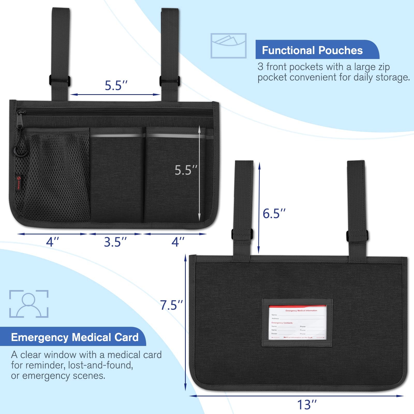 FINPAC Wheelchair Side Storage Bag - Armrest Accessories Black