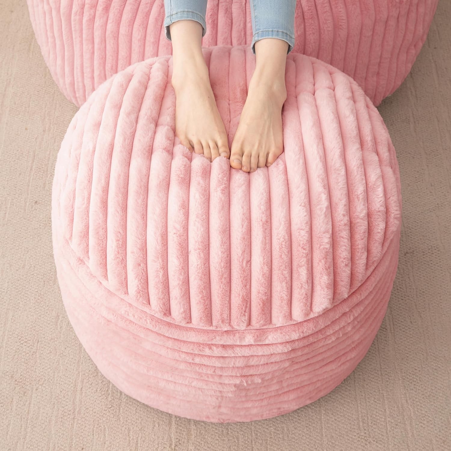 Round Stuffed Pouf Ottoman Stripe Faux Fur Poufs W/ Foam Chunk Filling Furry &