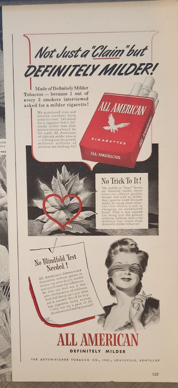 1944 All American Cigarettes Vintage Ad Not Just a Claim