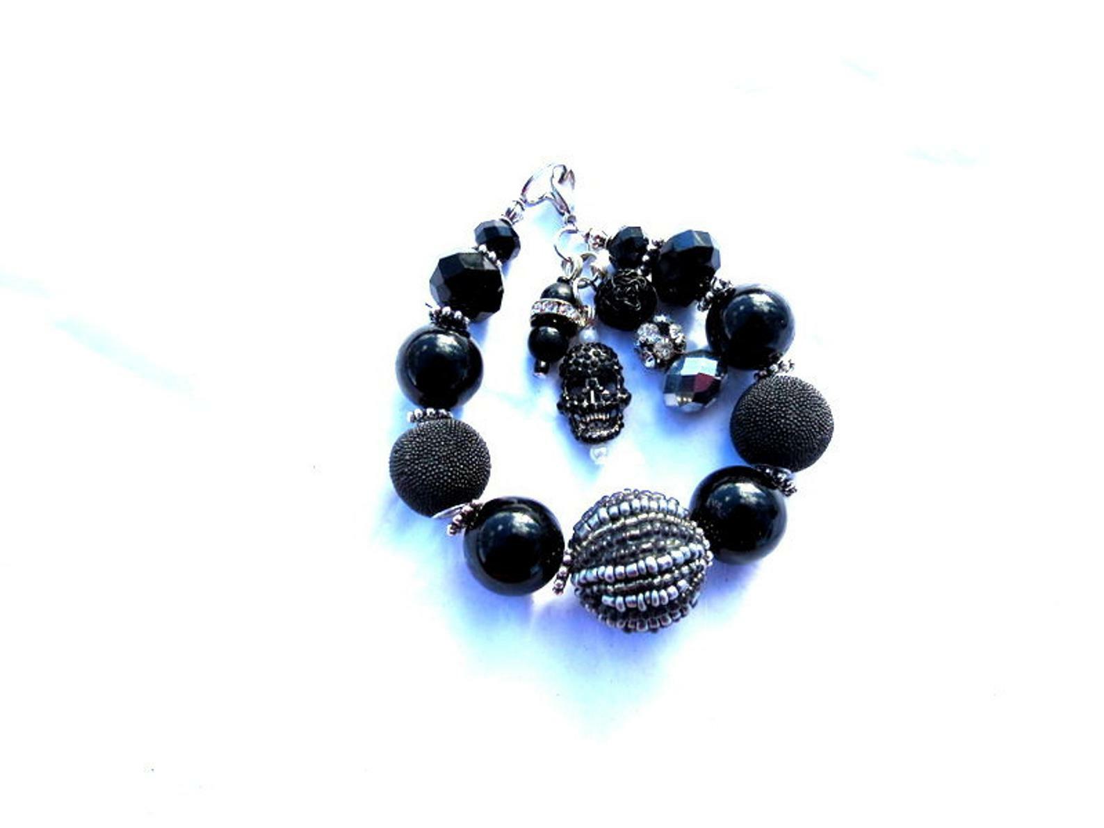 Huge Kashmiri Rhinestone Metal & Glass Pearl Crystal Charm Bracelet- Skull charm
