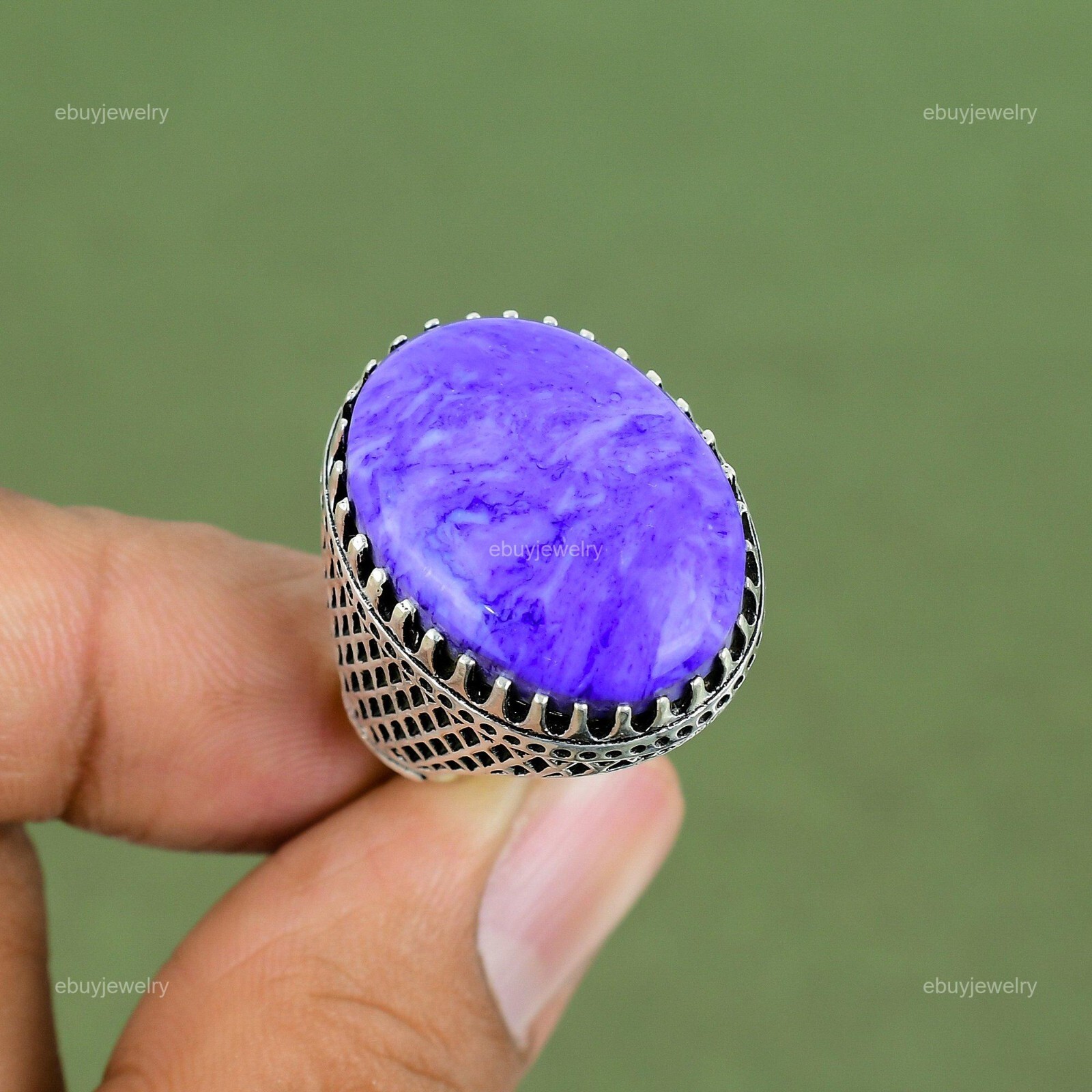 Valentines Deal Charoite Stone 925 Silver Ethnic Promise Statement Ring Jewelry