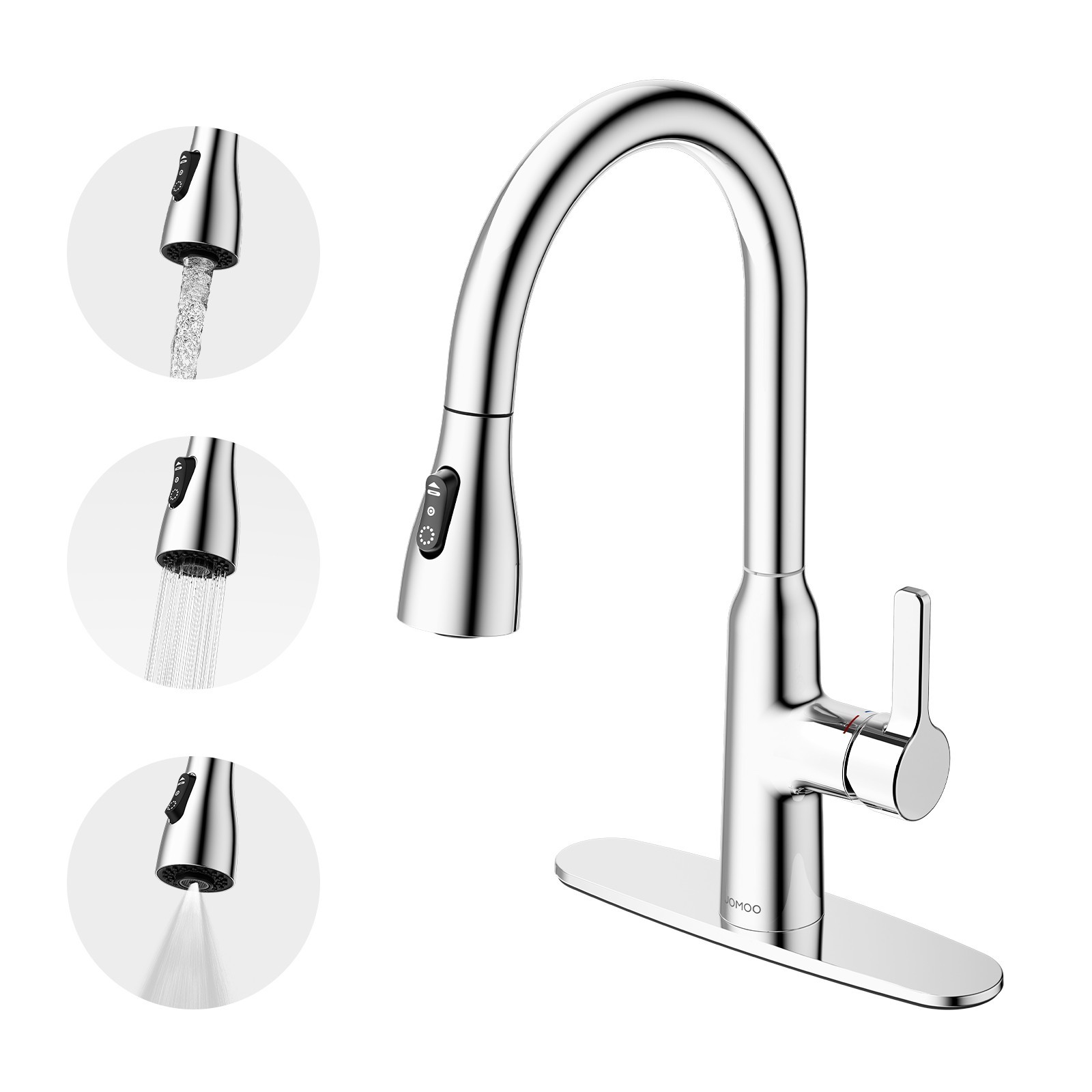 Pull Down Kitchen Faucet 3 Spray Modes 360° Swivel High Arc Chrome Sink Faucet