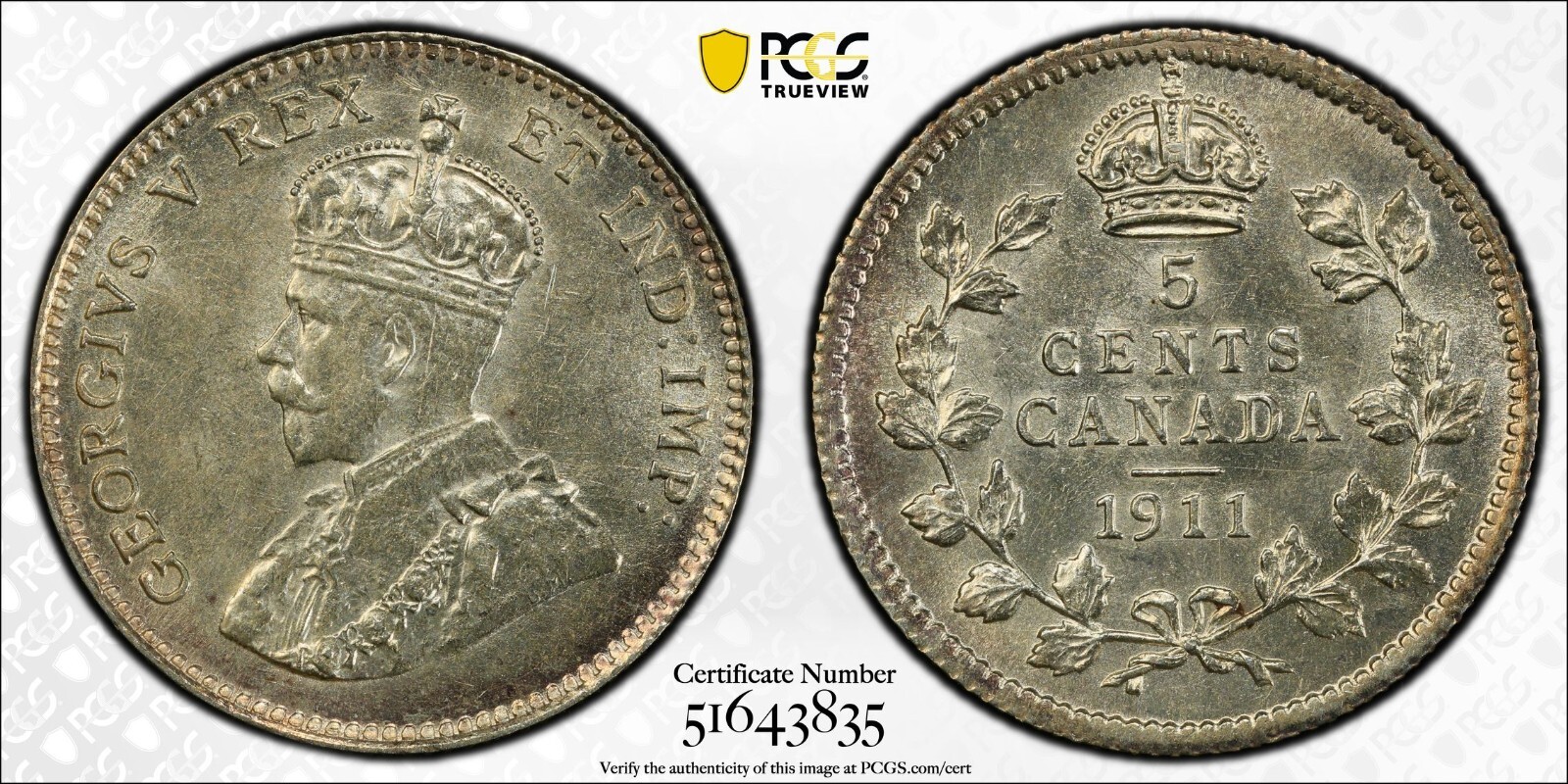 1911 Canada 5 Cent - Choice About Uncirculated, PCGS AU58