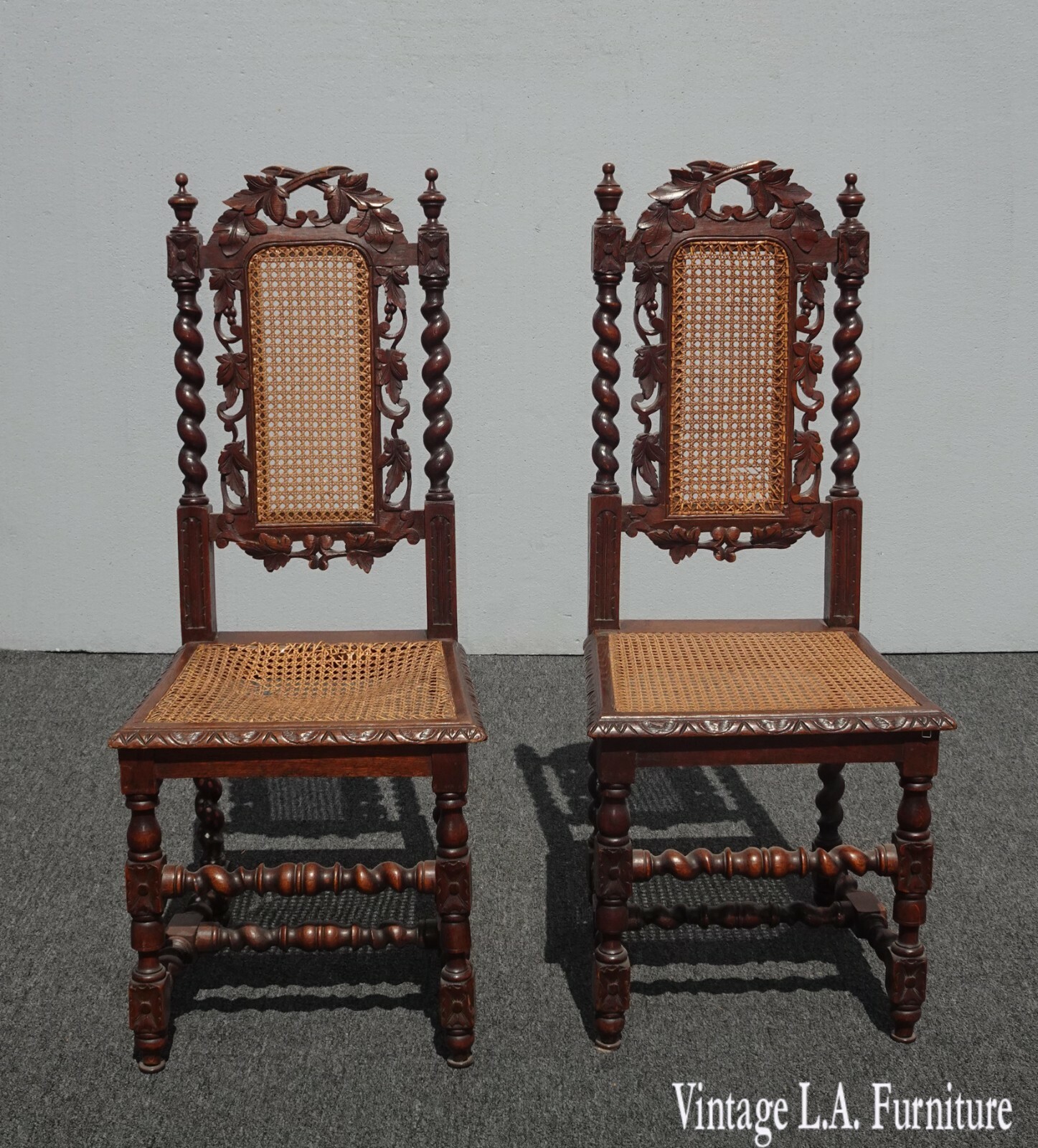 Pair Vintage Spanish Style Ornately Carved Chairs w Cane &  Barley Twist Asis