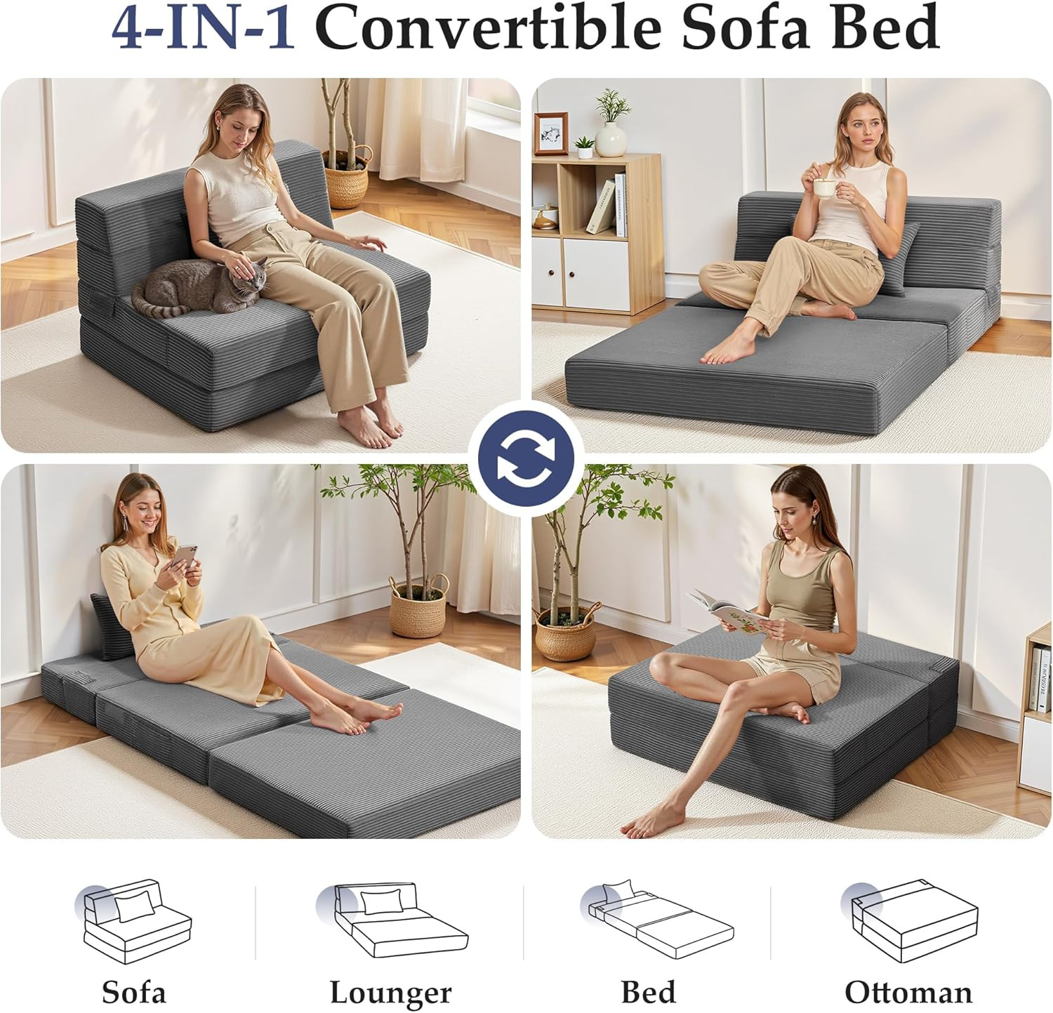 4-in-1 Folding Sofa Bed with Pillow, Washable Cover, Dark Gray, Single