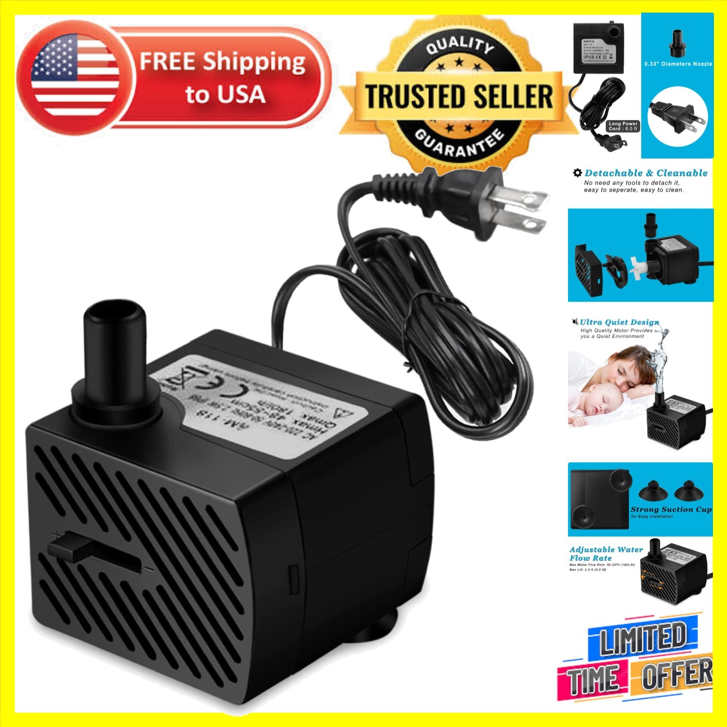 Ultra Quiet 3W Submersible Pump - Perfect for Fountains & Aquariums
