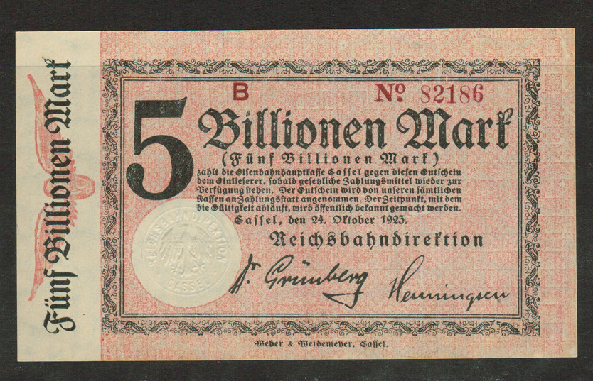 GERMANY BANKNOTE 5 BILLION MARK CASSEL 1923 AU