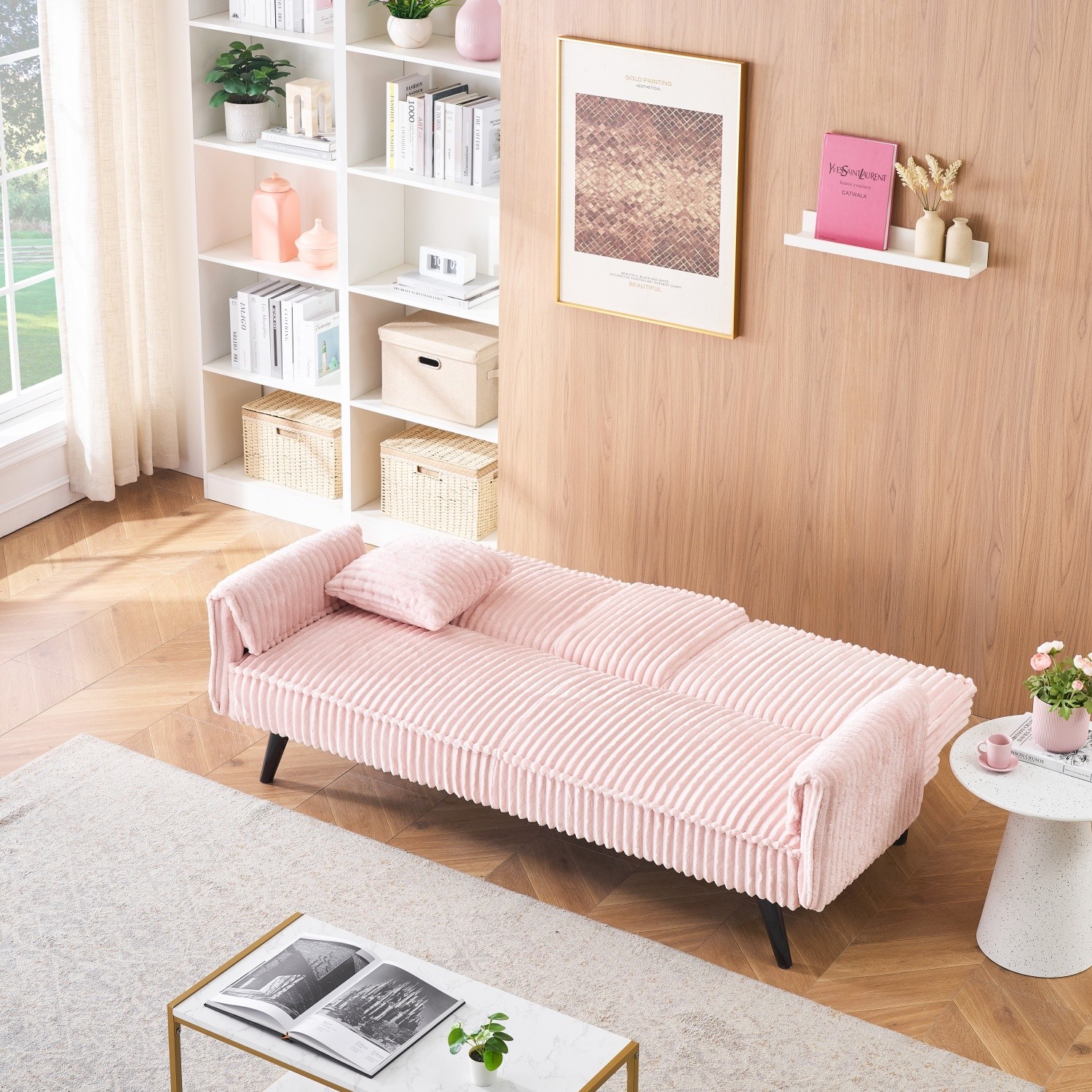 Corduroy Sofa Convertible Sleeper Sofa Bed w/ 2 Cup Holders & Adjustable Back