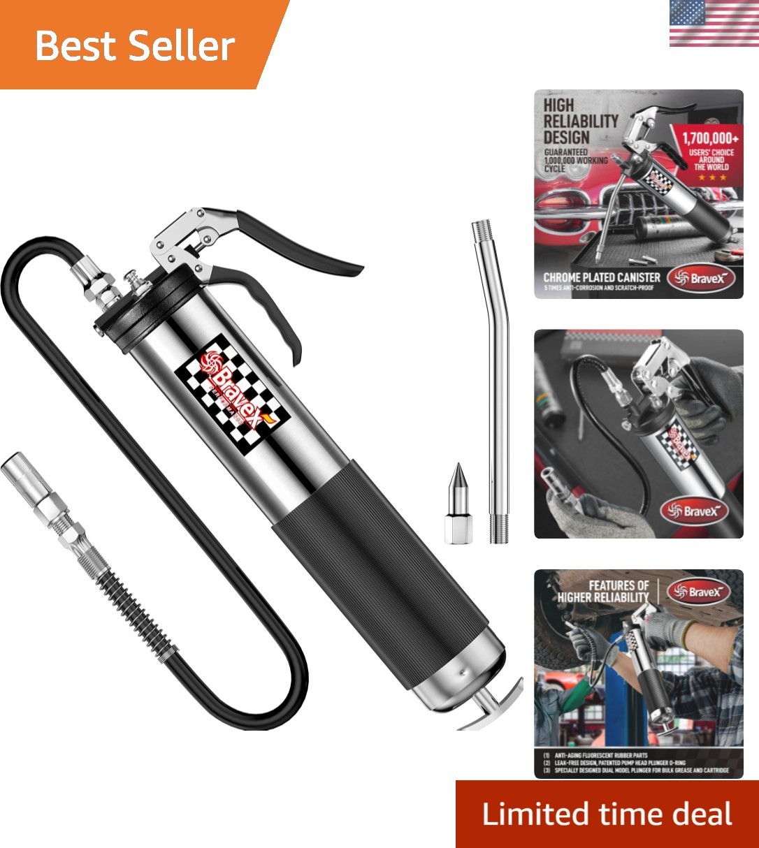 Heavy Duty Professional Pistol Grip Grease Gun 6000 PSI - 18 inch Flex Hose …