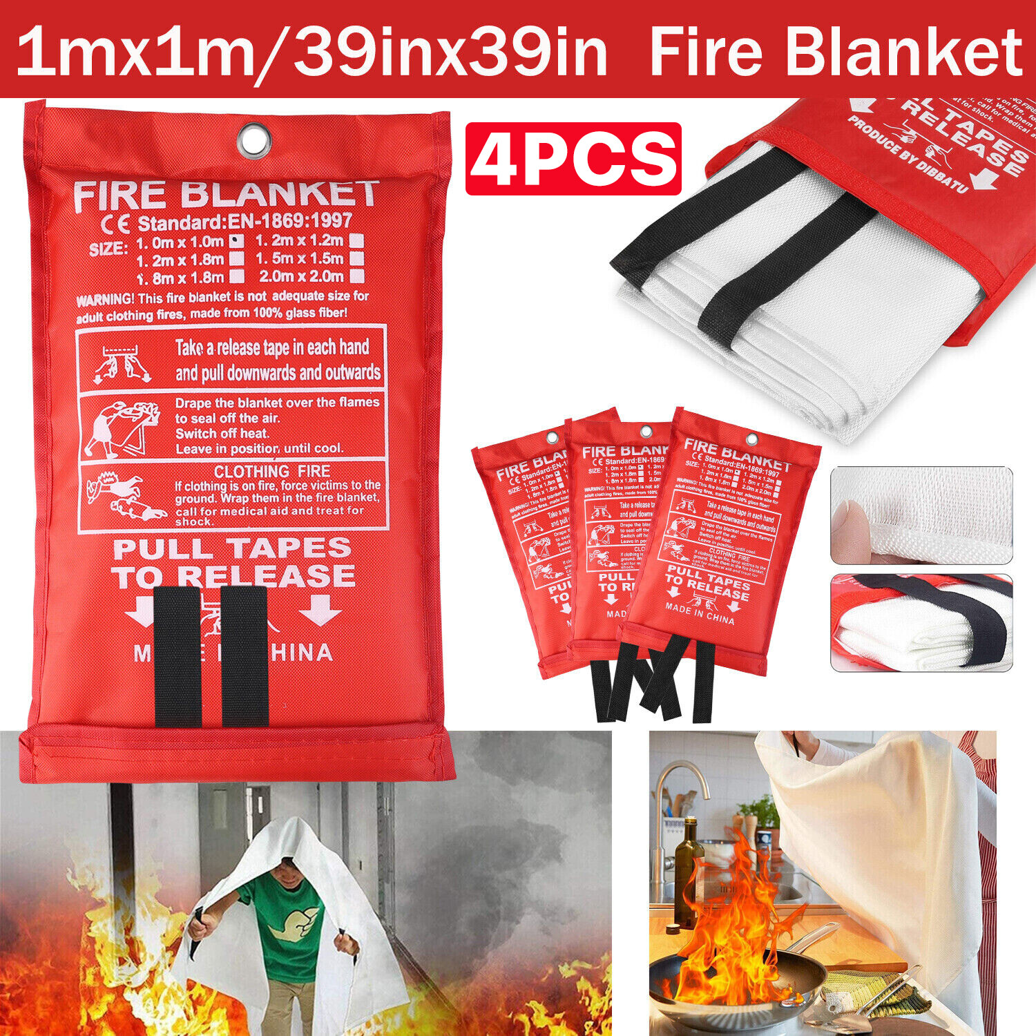 2/4x 39x39'' Retardant Blankets Large Fire Blanket Fiberglass Prepared Emergency