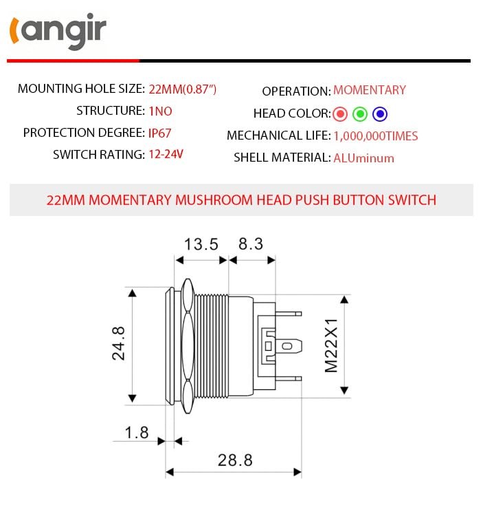 15Amp momentary Push Button Switch，(0.866") 12V-24V Push Button 22mm green