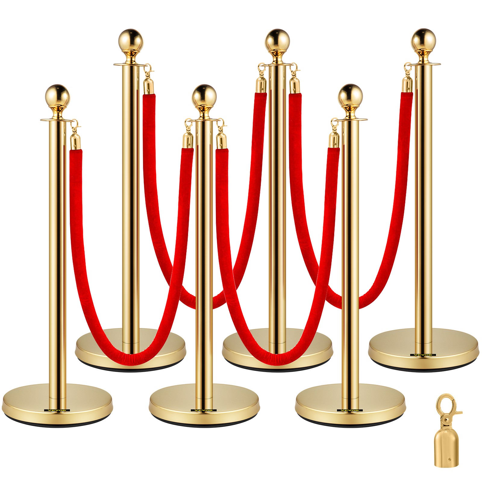 Uimoso 6PCS Red Rope Stanchion Silver Post Crowd Control Queue Line Barrier