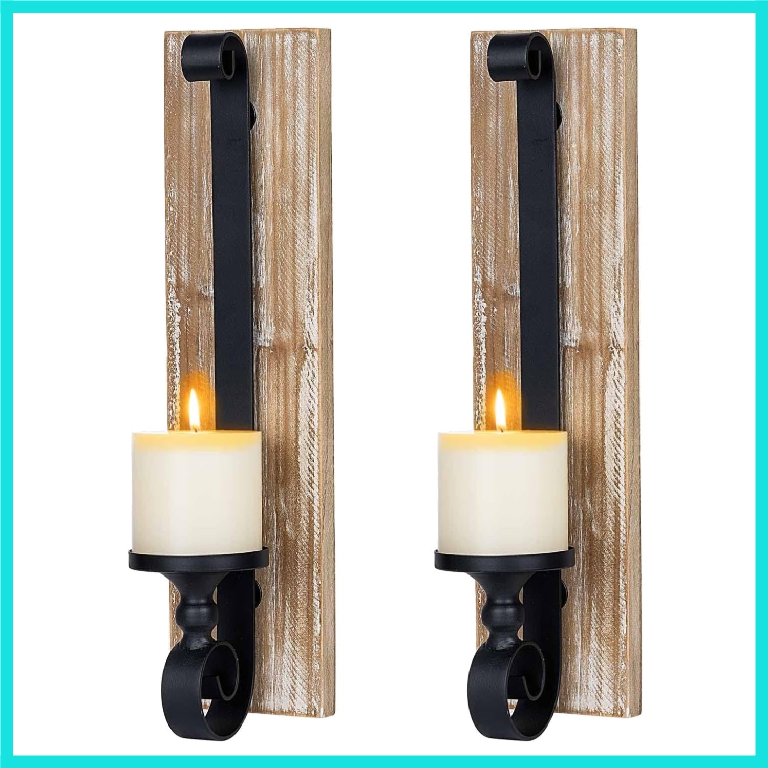 Wall Sconce Candle Holder Set of 2 Black Wall-Mount Metal and Wooden Candle H...