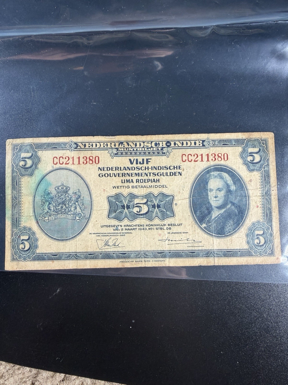 1943 Netherlands East Indies 5 Roepiah Banknote WWII P-116 Circulated Currency