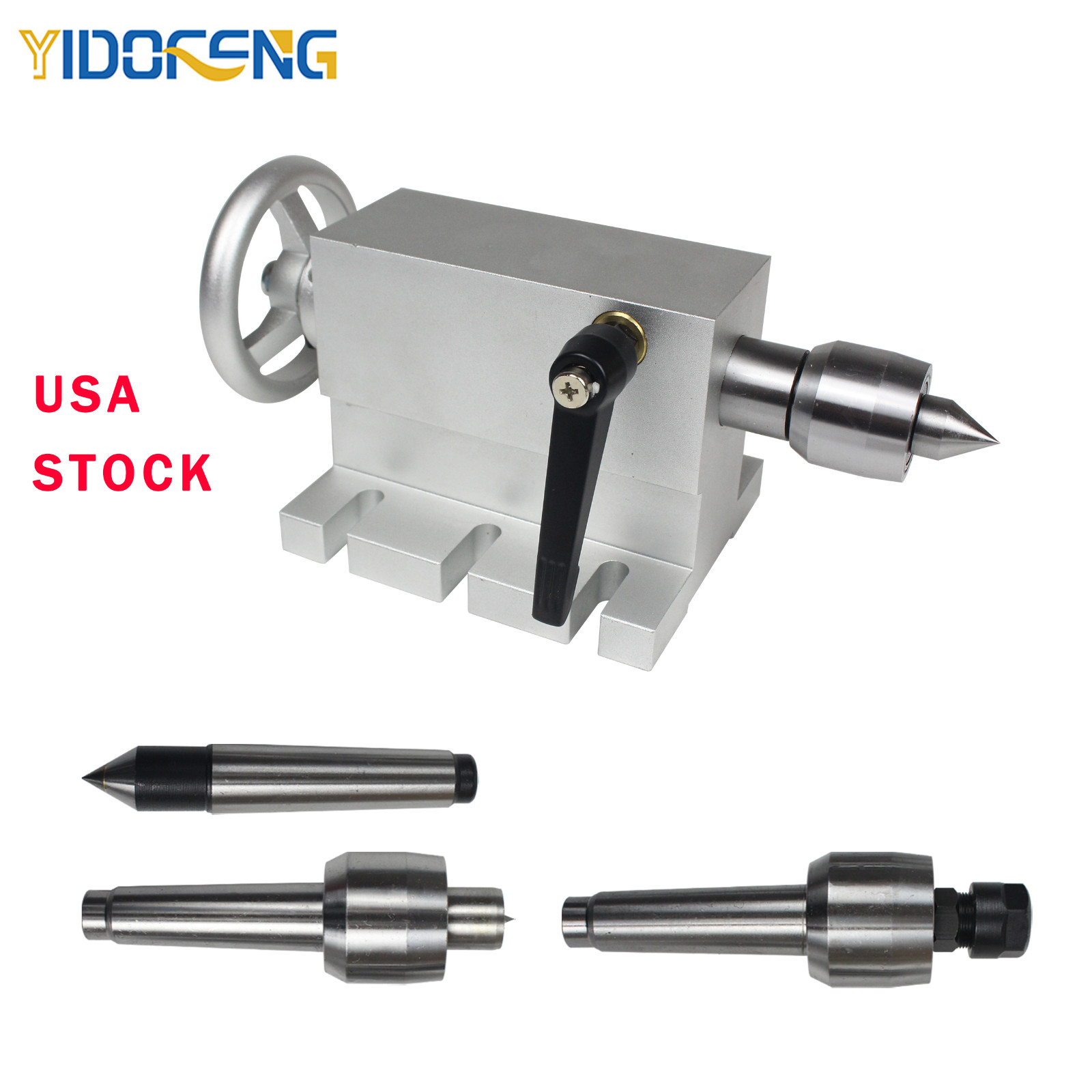 【US】65mm MT2 Lathe Center Tailstock with 4pcs Replaceable Heads For CNC Router