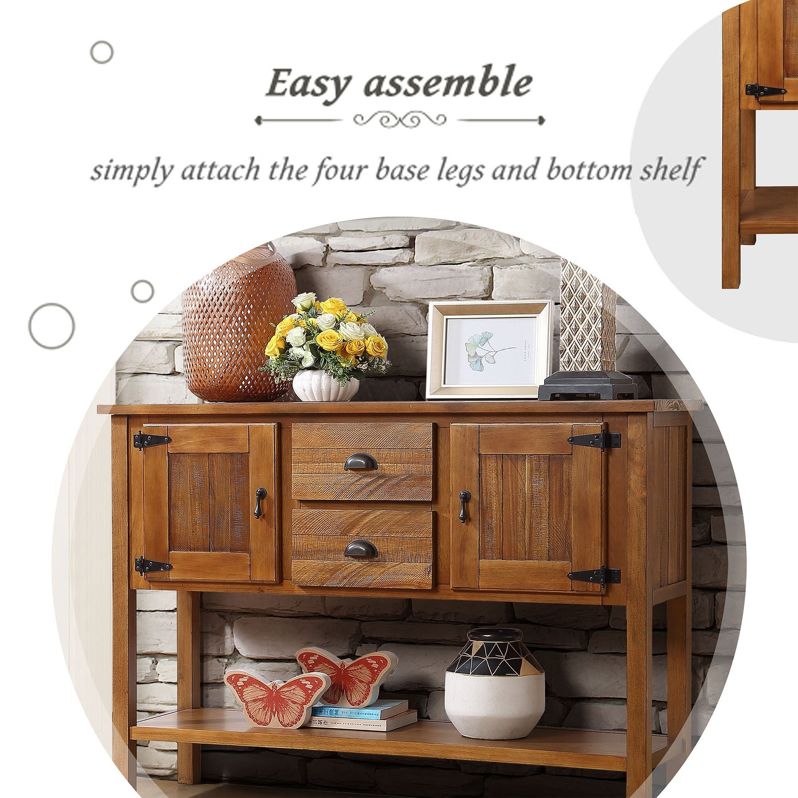46'' Solid Wood Sideboard Retro Console Table with 2 Drawers & Cabinets