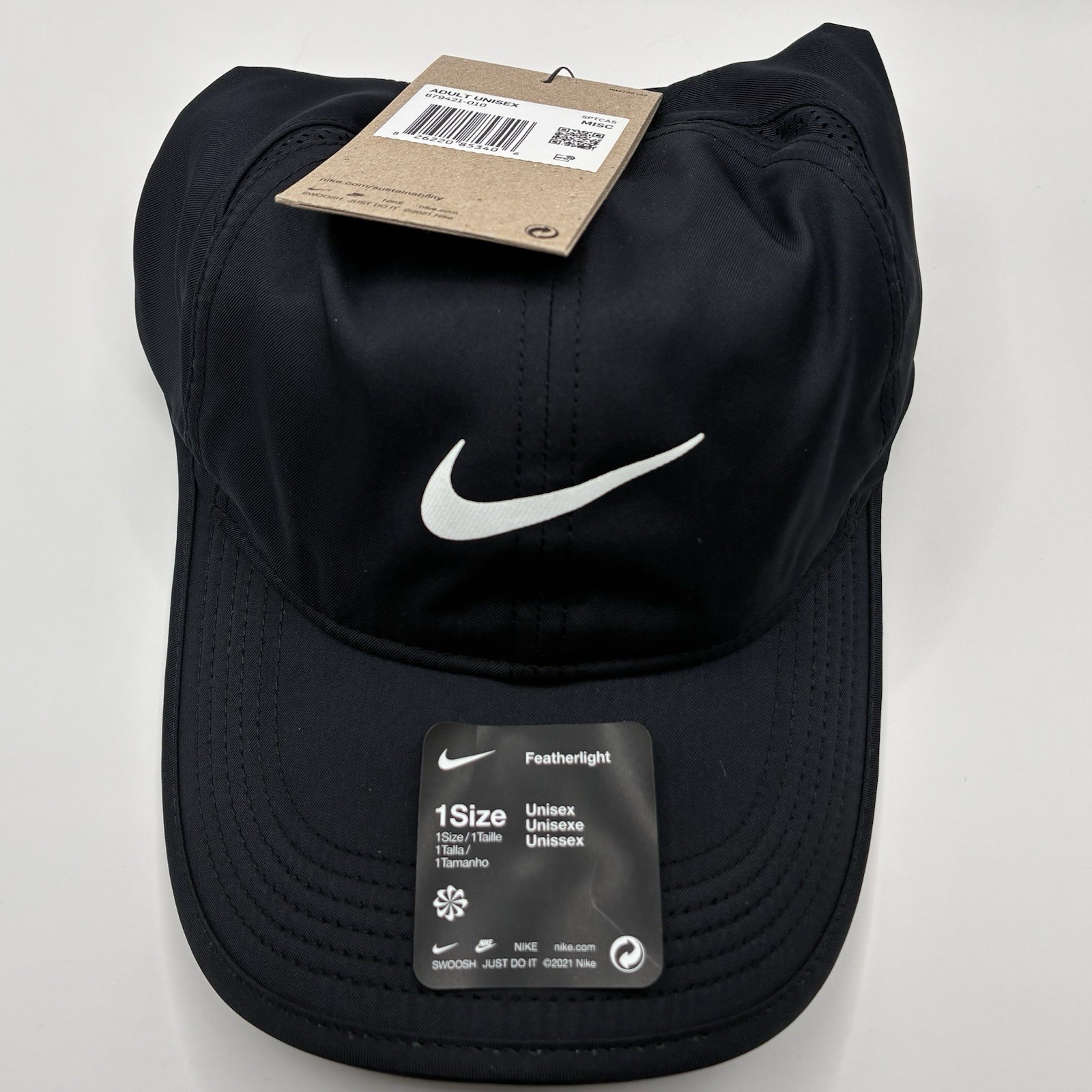 Nike AeroBill Featherlight Running Hat Black White Cap 679421-010 One Size
