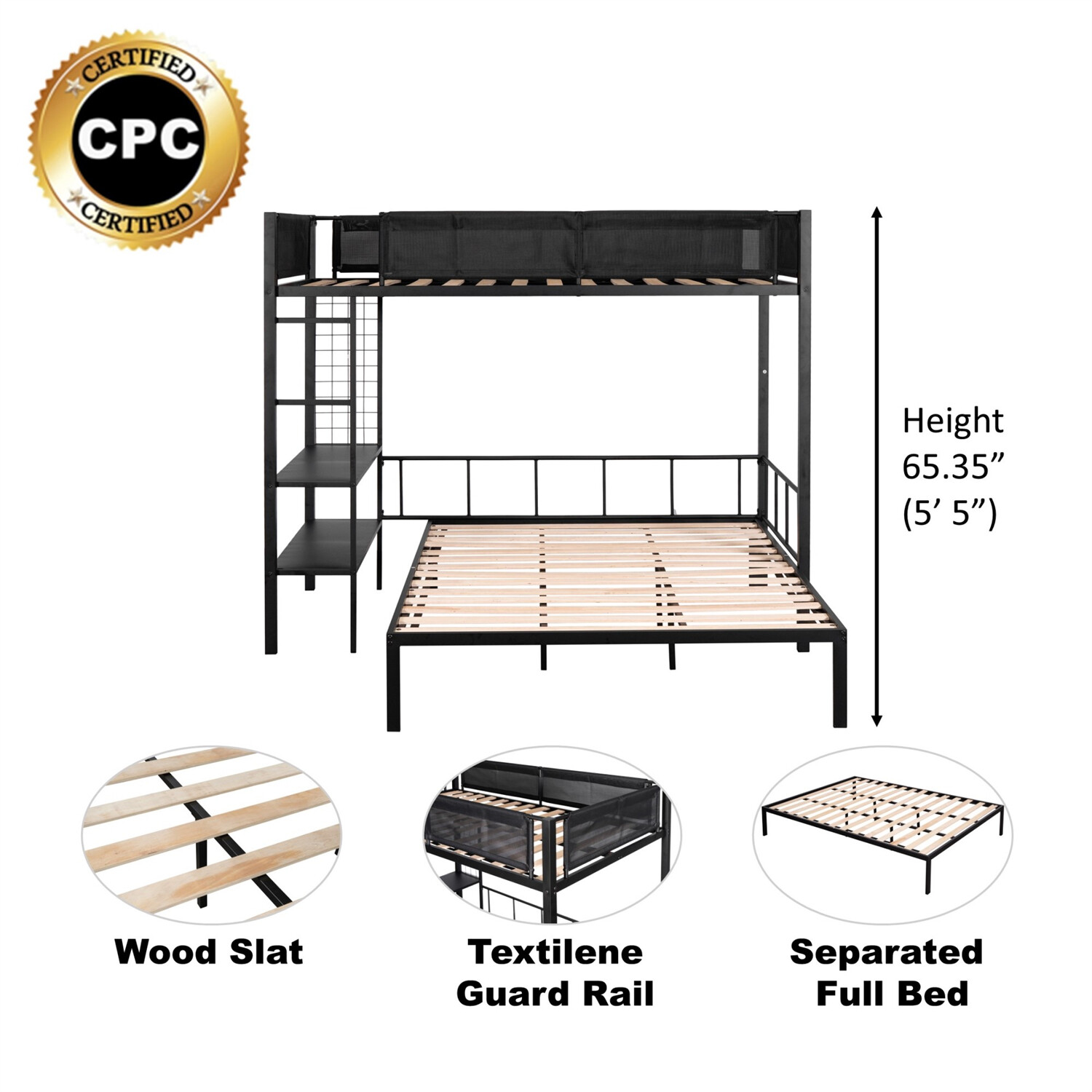 Twin Over Full Bunk Bed Metal Bed Frame with Storage Shelves Black US