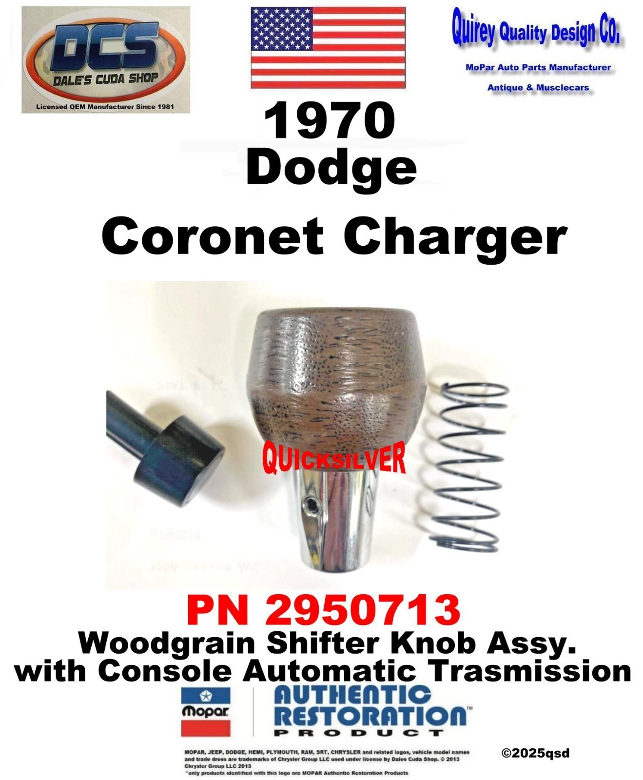 1970 Dodge Coronet Charger Correct Woodgrain Shifter Knob 2950713 New MoPar USA