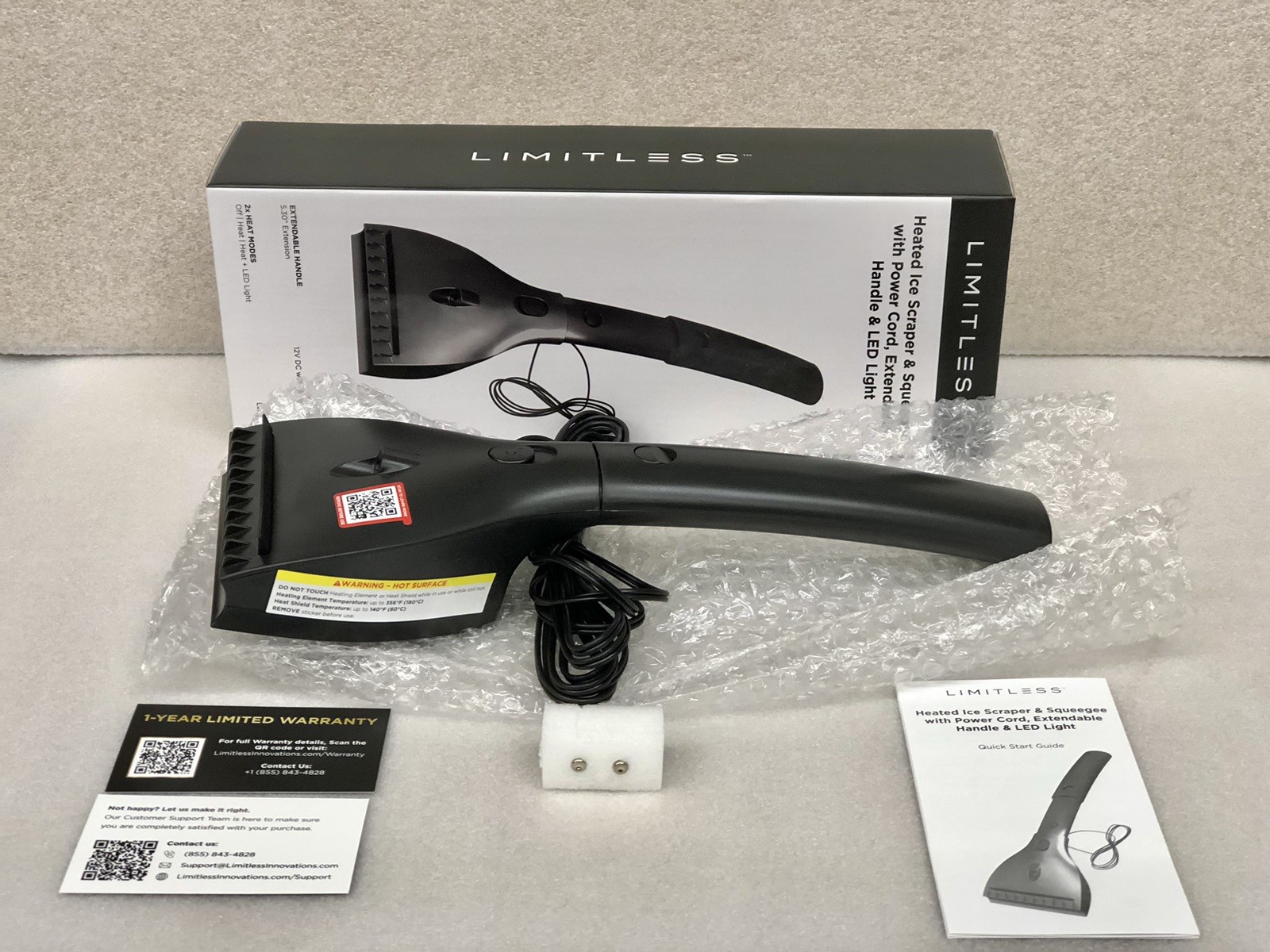 LIMITLESS (Black) Heated Ice Scraper & Squeegee 12V w/Car Charger, LED Light NEW