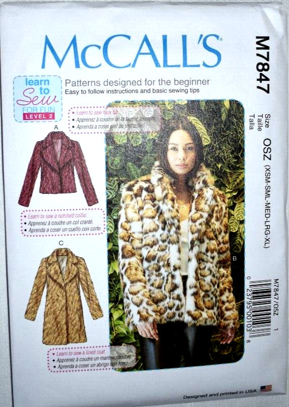 MCCALLS PATTERN 7847 COATS FUR  MISSES SIZES XSMALL SMALL  MED LARGE XLG  UNCUT