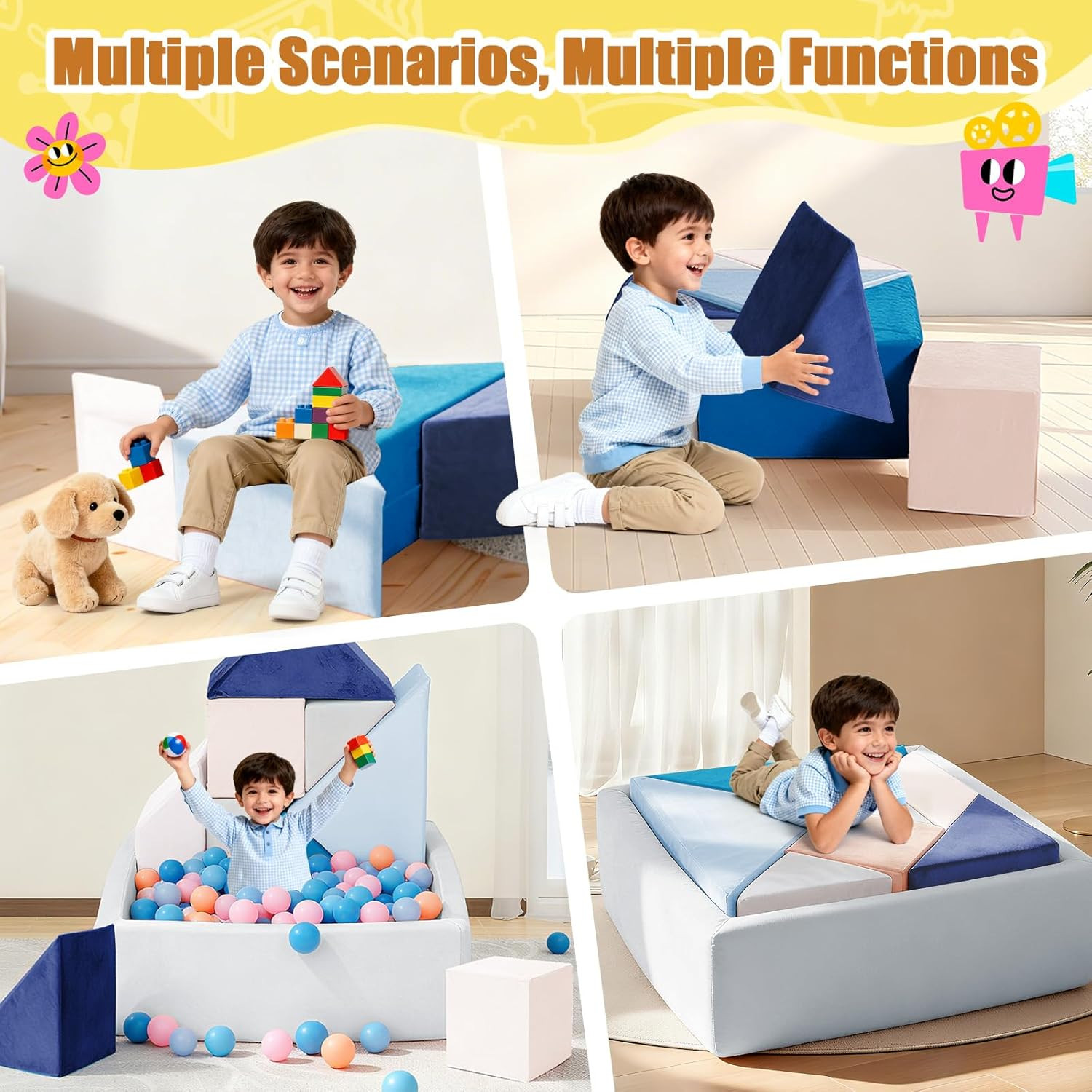 Modular Kids Play Couch with Ball Pit - Blue Tangram Puzzles Sofa