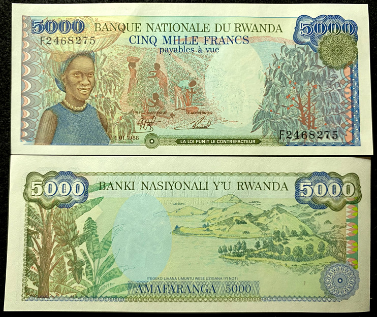 Rwanda Africa 5000 Francs 1988 P22 Banknote World Paper Money UNC Currency Bill