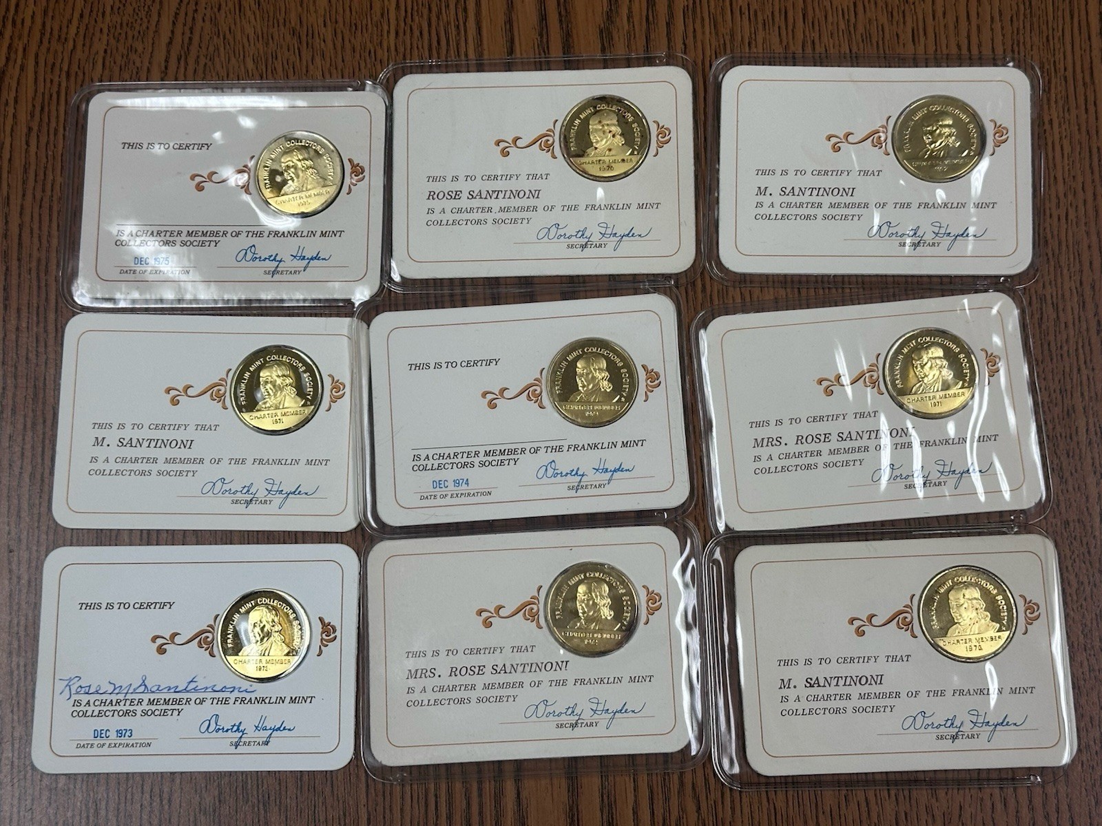 9 Franklin Mint Charter Member Collectors Society Cards & Coins 1970-1975 Sterli