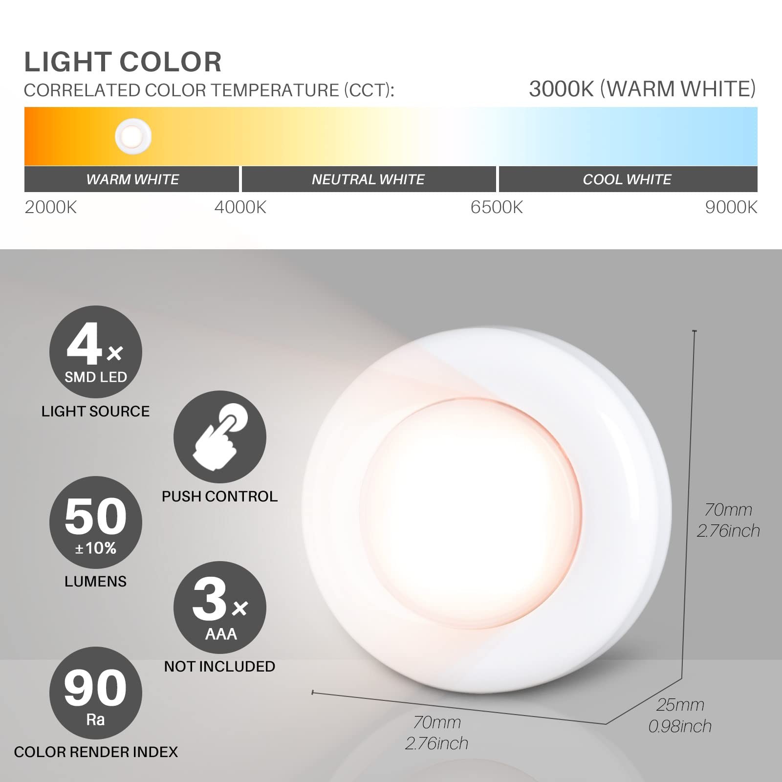 STAR-SPANGLED Push Tap Light, 2.8” Mini Night 2.8 inch, 5 Pack, Warm White