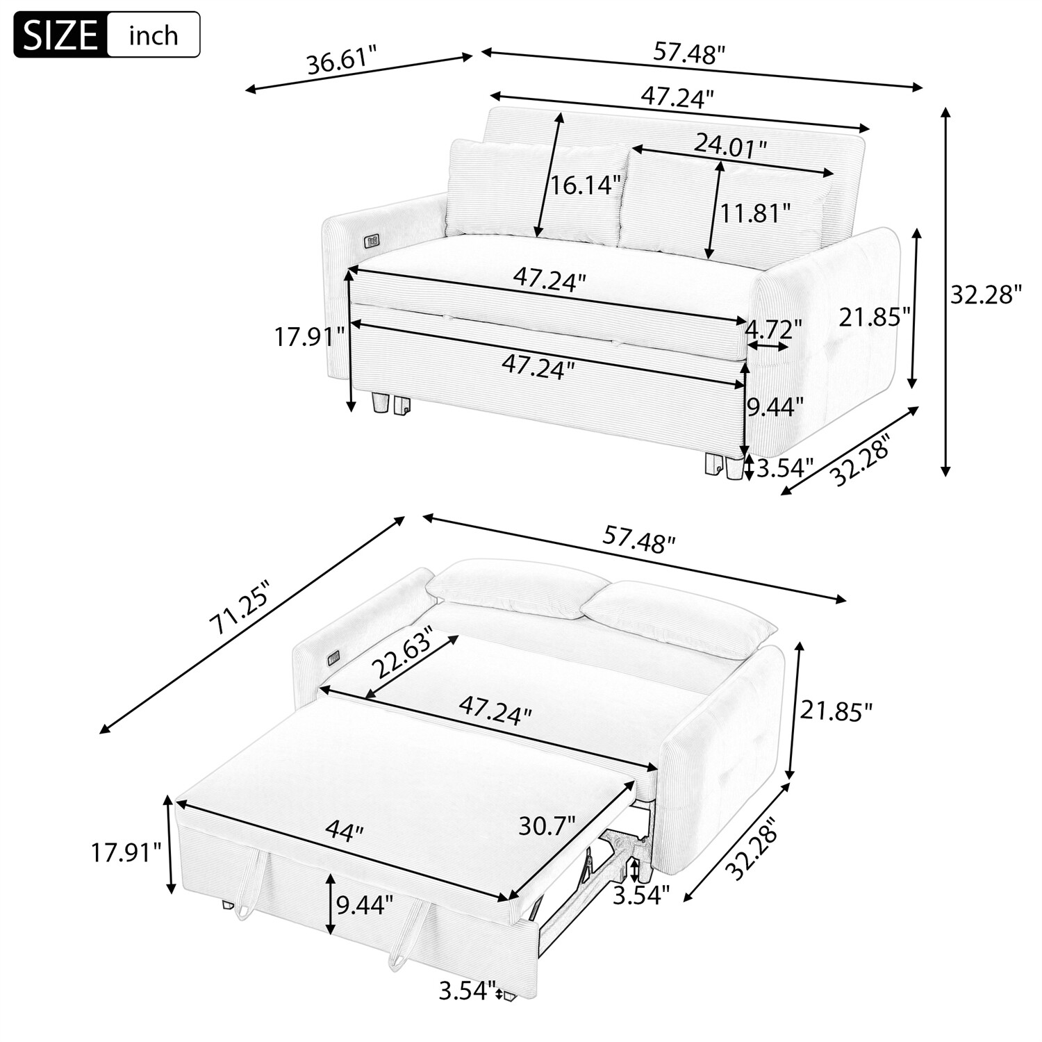 Convertible Sleeper Sofa Bed Loveseat Sofa with Pull Out Bed & USB Ports
