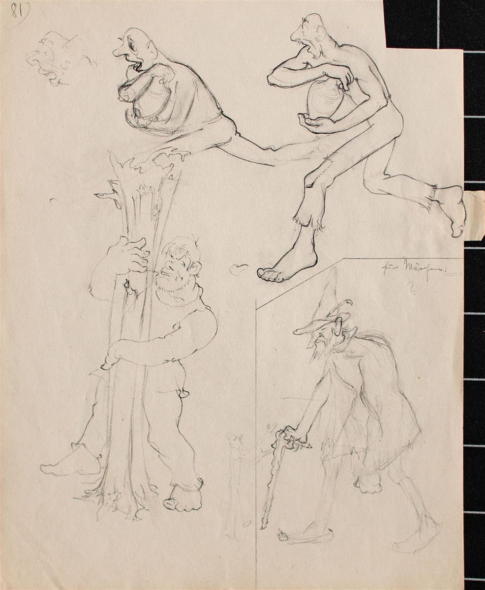 Herbert W. Hoedt figures grotesque humor study unique pencil drawing 20th century