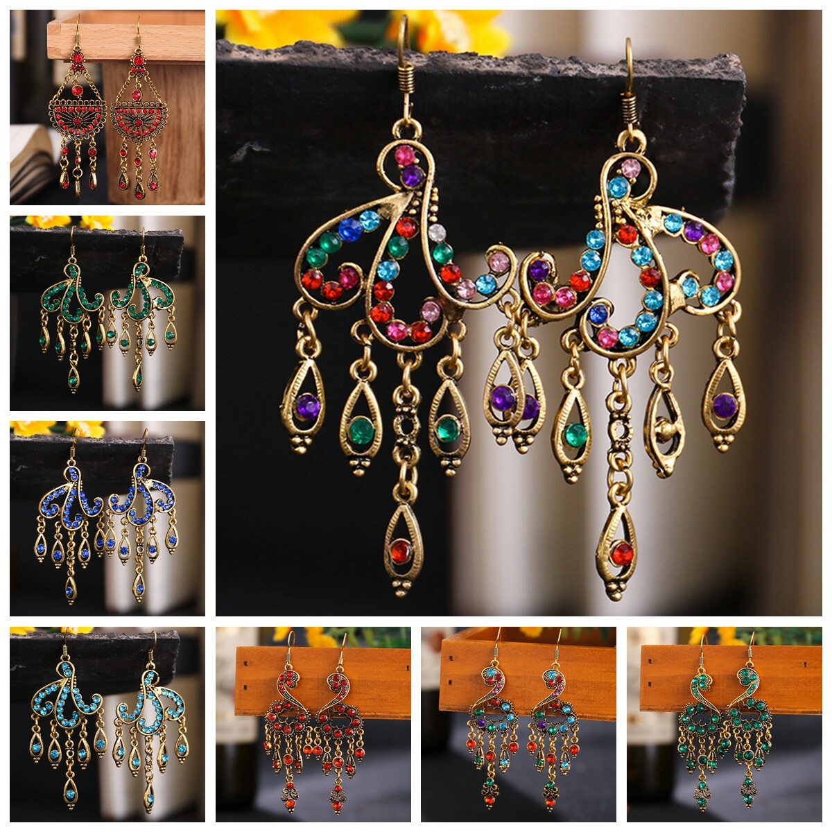 Ethnic Bronze Crystal Rhinestones Dangle Tassels Hook Earrings For Women Jewelry