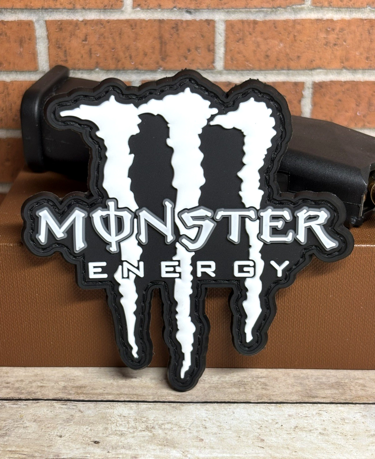 PVC Tactical Patch - White Monster Energy Patch - Morale Patch - Hook Backed