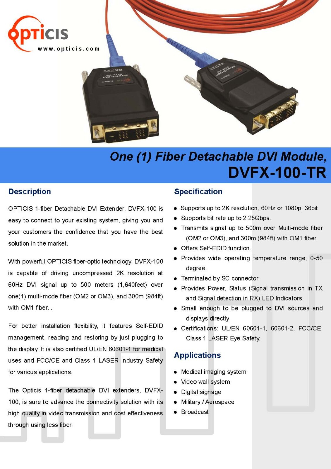 OPTICIS DVFX-100 RX Fiber Detachable DVI