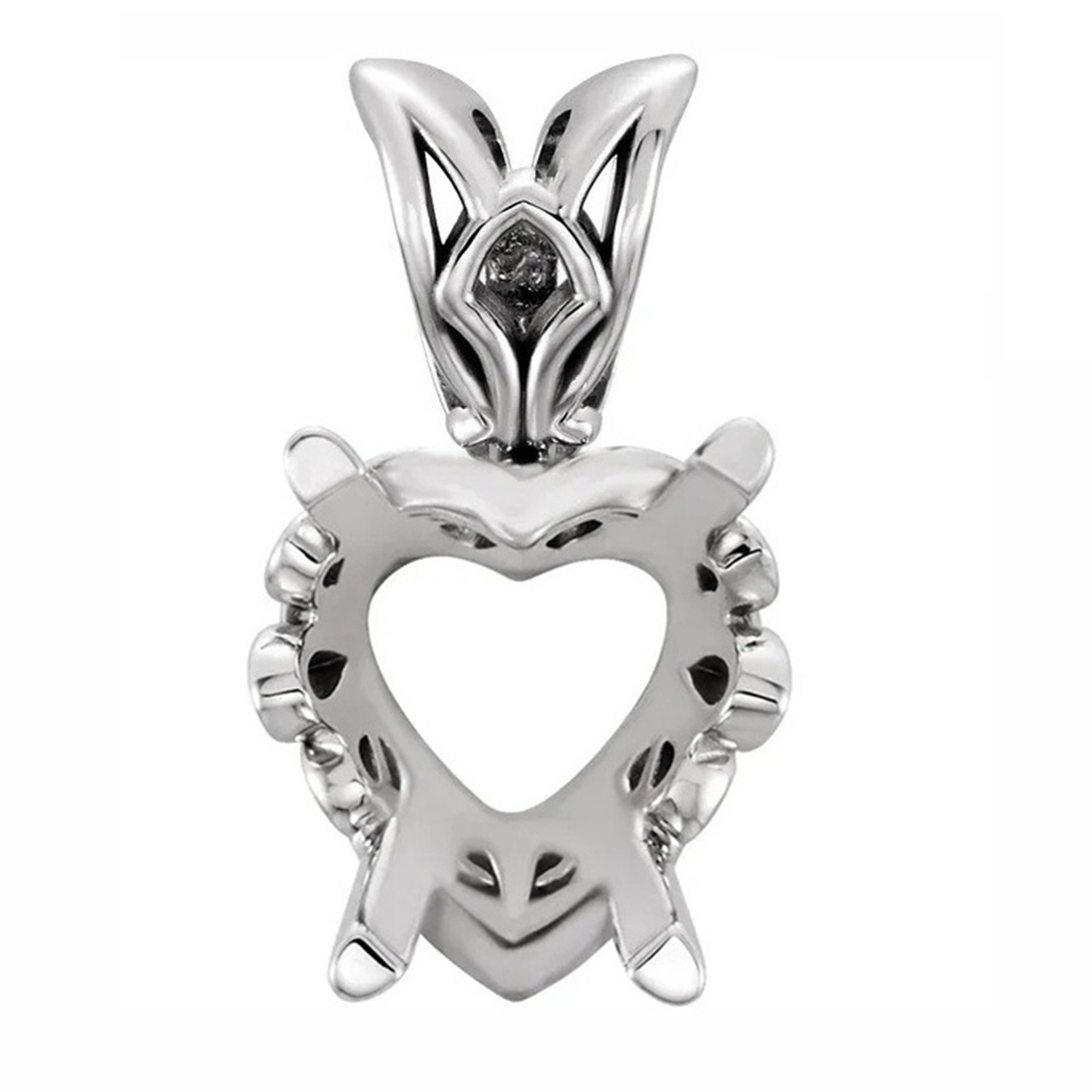 Heart Cut Pendant Mounting 14K White Gold 4 Prong Antique Scroll Design Setting