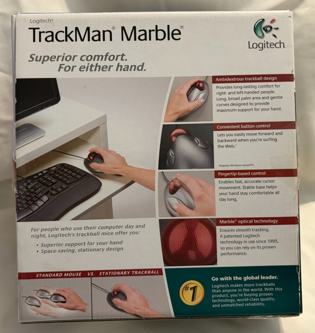 Logitech TrackMan Marble Mouse USB Wired Trackball Ergonomic - New Open Box