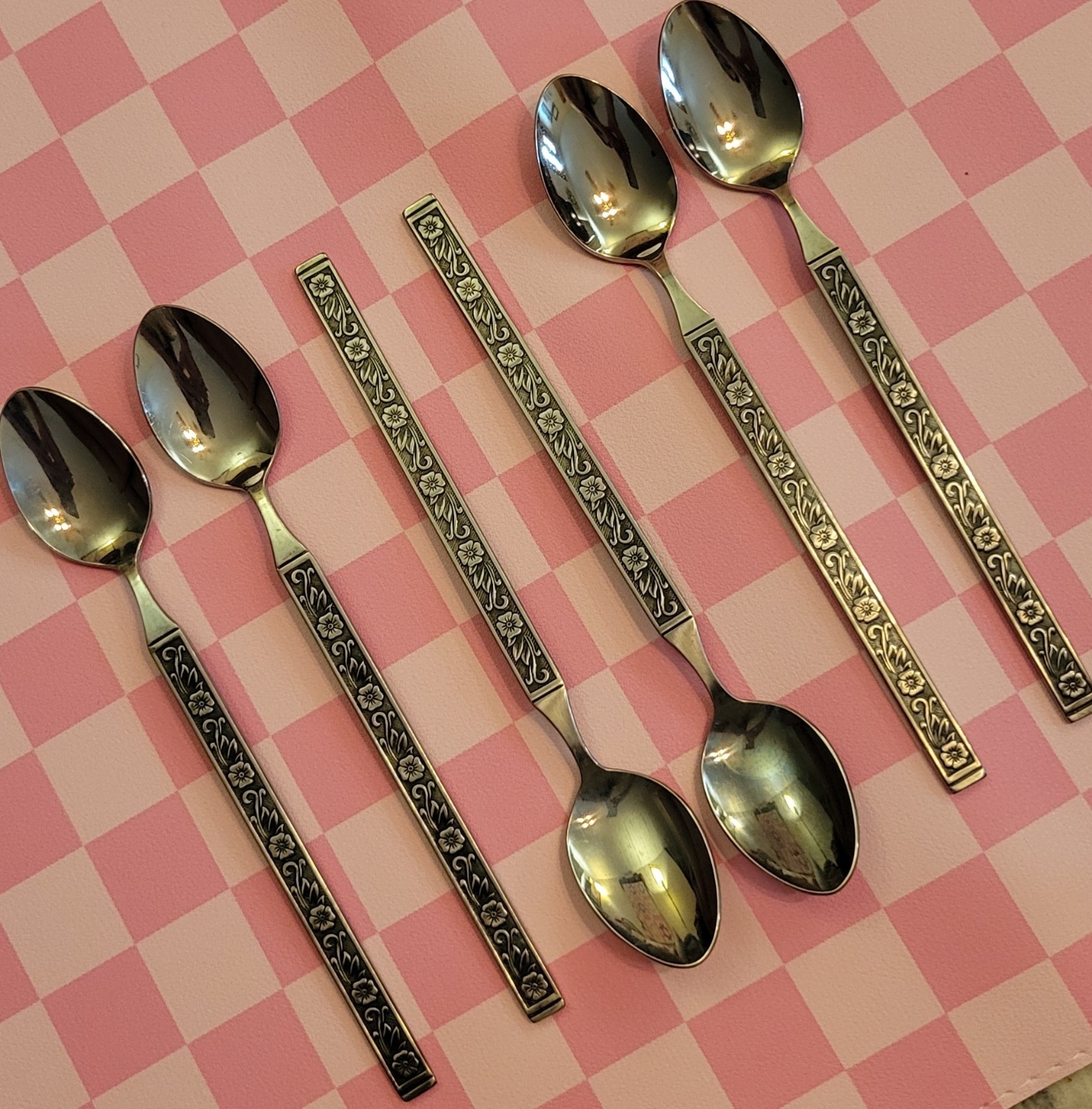 Gold Standard NIGHT BLOSSOM Stainless Japan Flatware Tall Iced Teaspoons 8 Piece