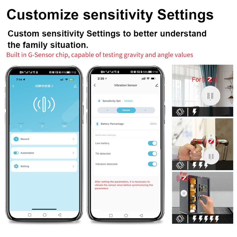Home Security Enhanced by For Tuya Compatible Smart Vibration Detection Sensors